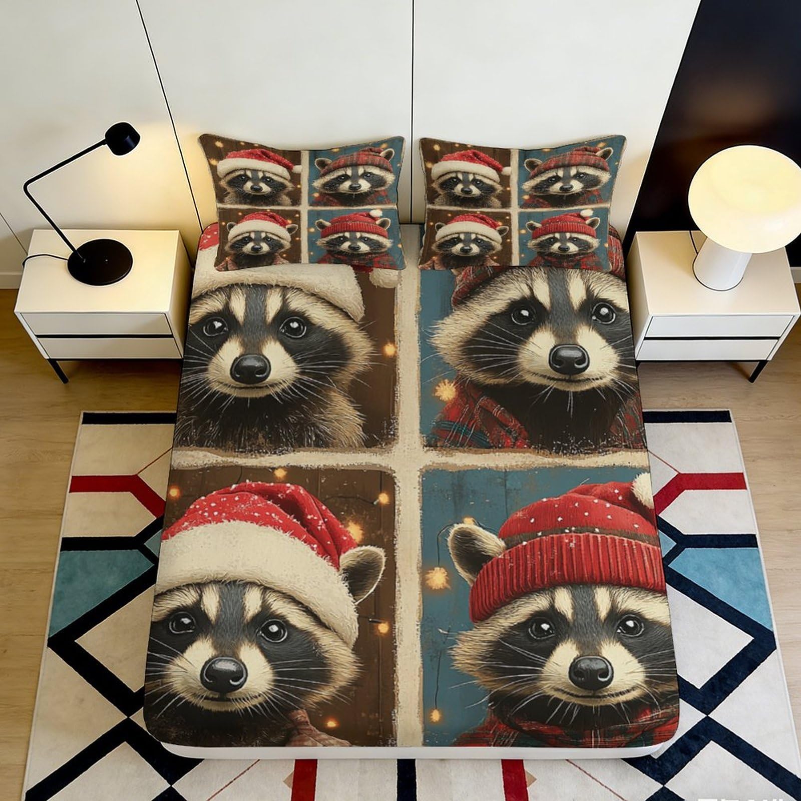 Pnayamiorkfel Style-10 3D Printed Christmas Raccoon Fitted Sheet Microfiber Anti-Slip Winter Hat Bed Cover For Bedroom Guest Room Decor 90X200x25cm