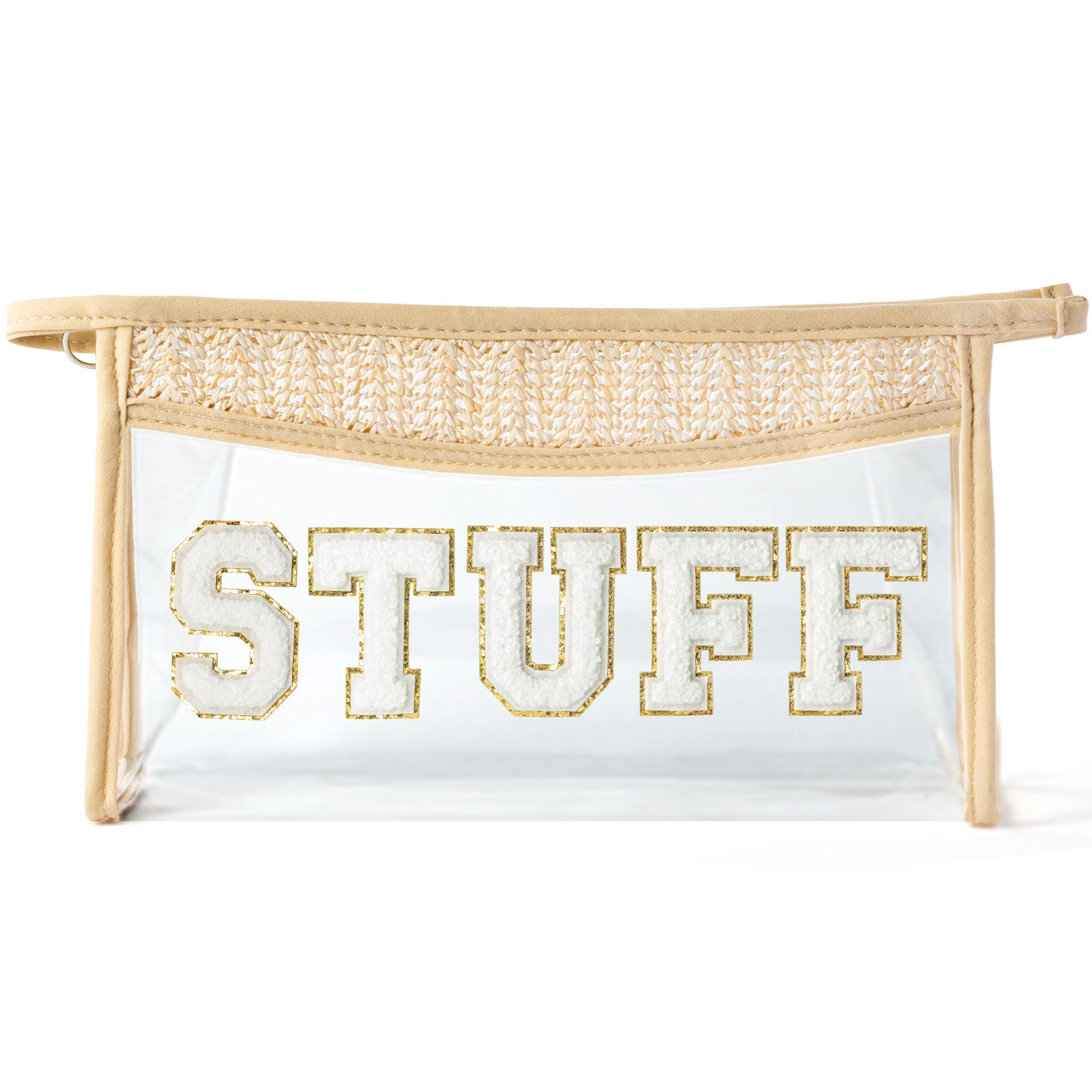 Boho Patch STUFF Cosmetic Bag - Summer Preppy STUFF Chenille Varsity Letter Toiletry Makeup Bag Clear Waterproof Travel Beach Makeup Pouch PVC Zipper Clutch Daily Use Purse for Women Girls
