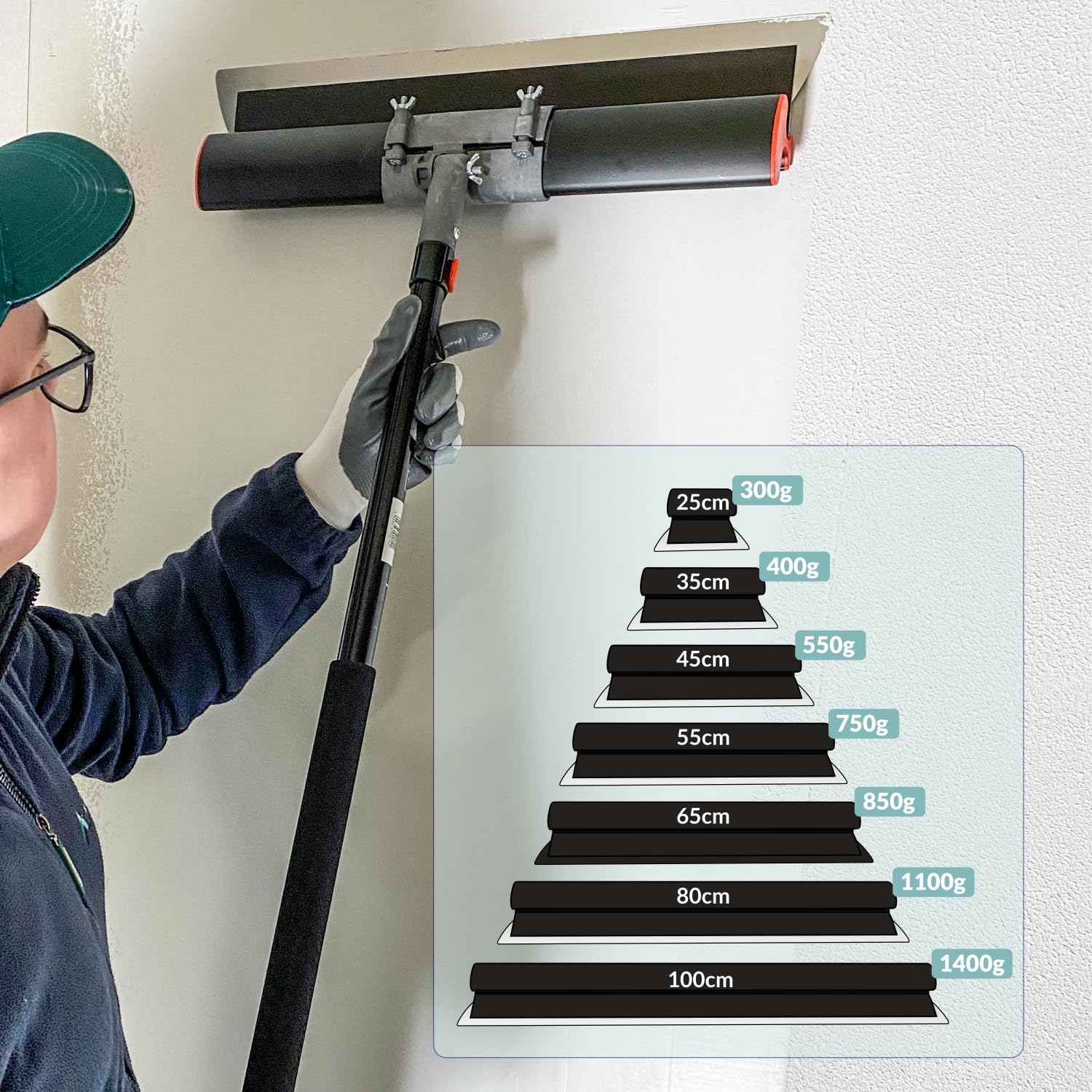 PROFI SET - Flächenspachtel edelstahl mit aluminium teleskopstange und stielaufnahme für spachtel - MADE IN EU