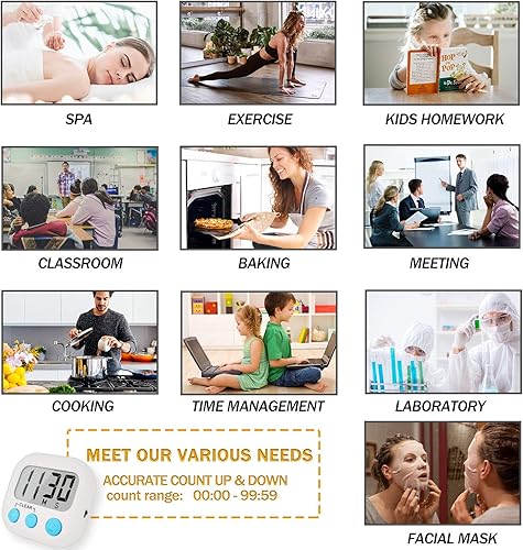 Vista 8 de Paquete de 2 Temporizadores Digitales de Cocina para Cocinar con Dígitos Grandes, Alarma Fuerte, Base Magnética con Soporte, Temporizadores de Blanco