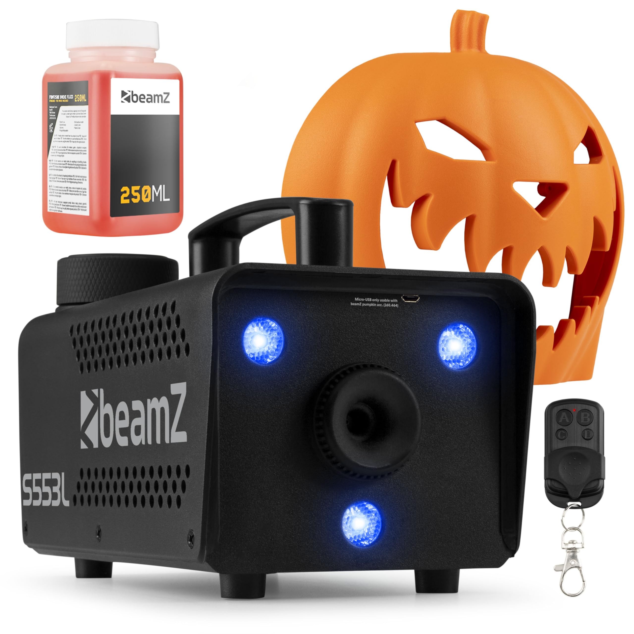 Machine à Fumée Halloween avec Citrouille Animée, Rires Diaboliques et Effets Lumineux - Ambiance Effrayante Halloween pour une Soirée Unique, Exclusivité BeamZ 2024, Liquide Inclus