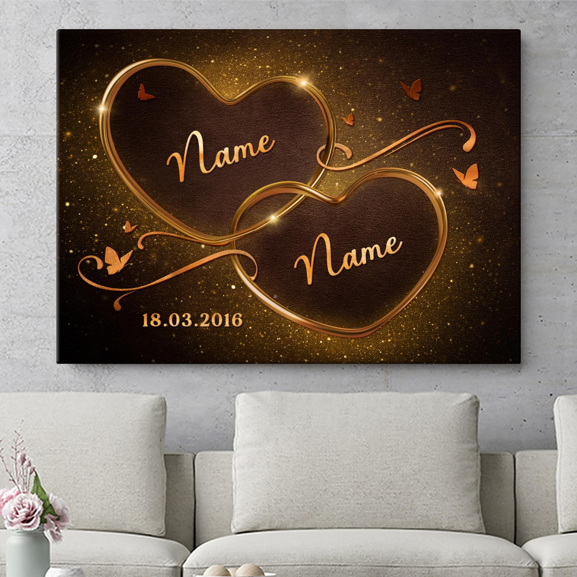 Liebesleinwand Personalisierte Geschenke | Leinwandbild Geschenk für sie und ihn zum Geburtstag, Hochzeitstag, Jahrestag gestalten | Funkelnde Herzen