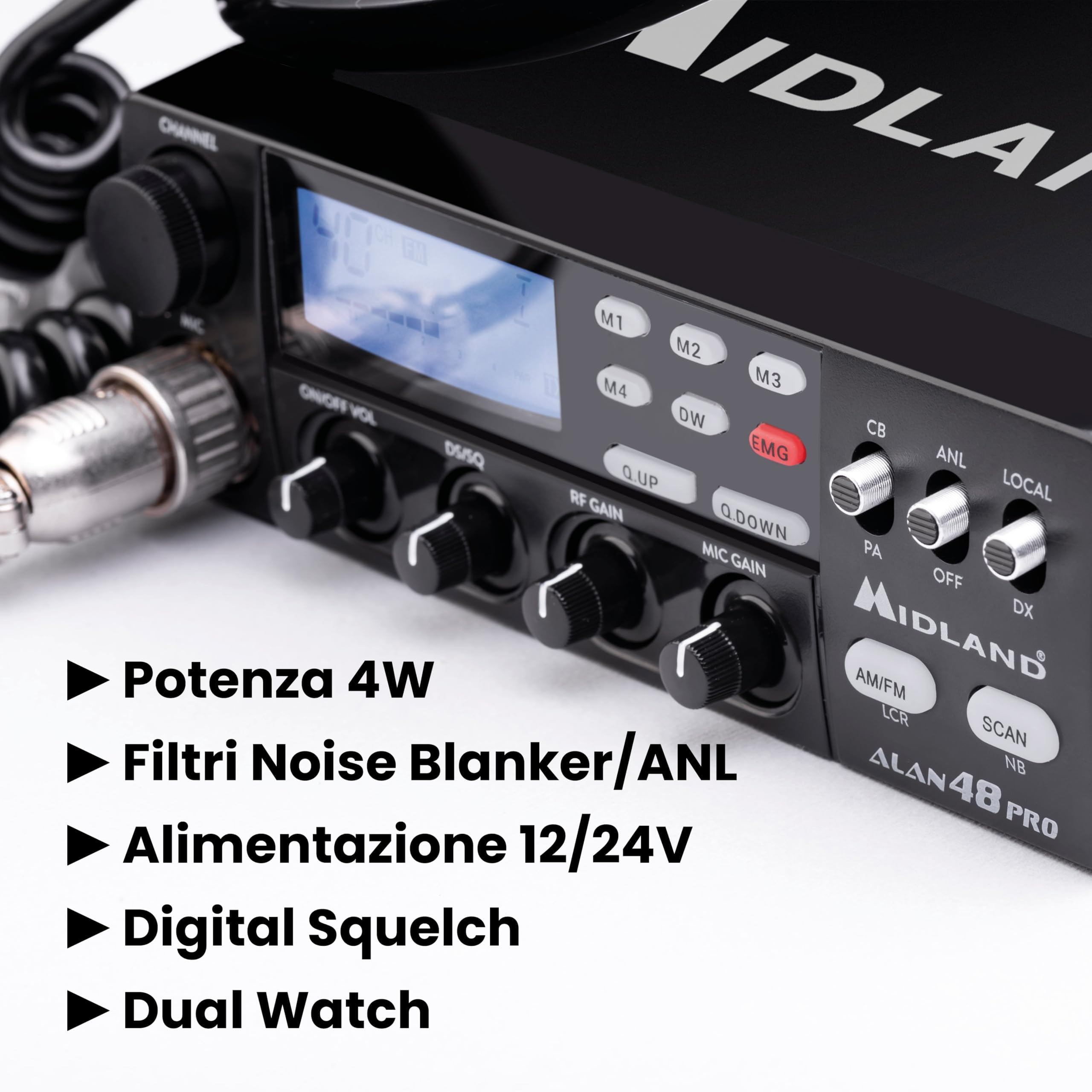 Midland - Radio CB ALAN 48 PRO, Ricetrasmittente Veicolare Multibanda Senza Licenza, Potenza Regolabile 1W/4W, Display LCD, SCAN, Dual Watch, RF Gain, Filtri ANL e Noise Blanker, Microfono 6 Pin