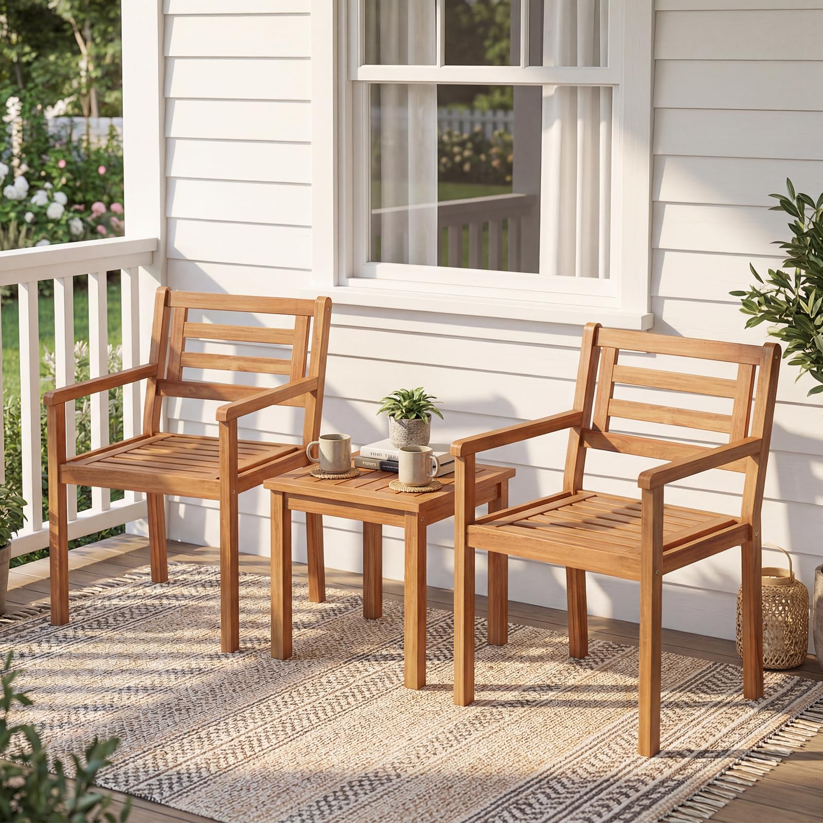 COSTWAY Lot de 2 Chaises de Jardin en Bois Acacia, Capacité 180 kg, Chaises Salle a Manger avec Accoudoirs, Dossier Incliné et Lattes, Fauteuil Exterieur pour Terrasse Patio Balcon, 56 x 56 x 80 cm