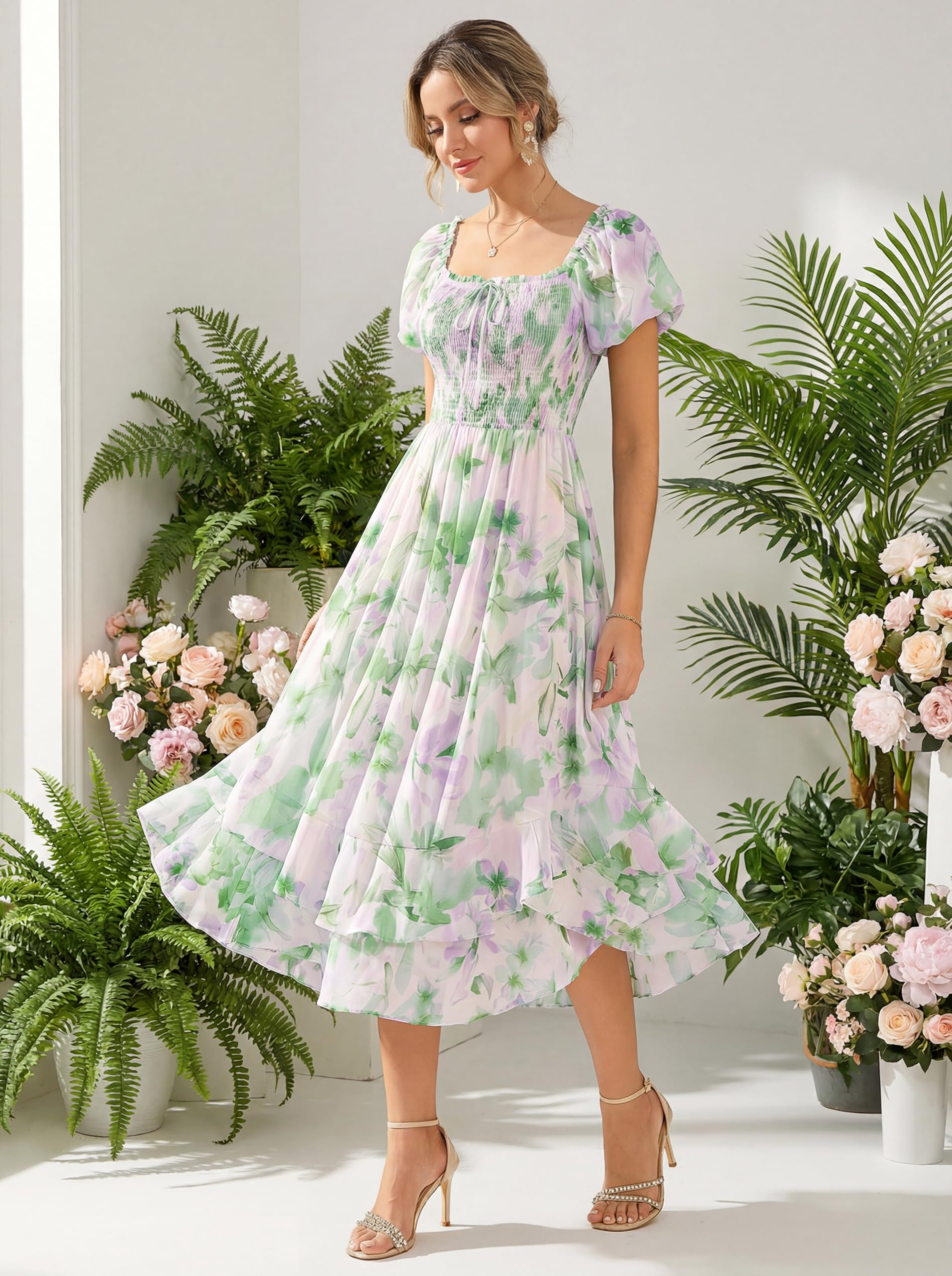 GRACE KARIN Robe d'été pour femme - Col carré - Smocké - Robe florale | Robes d'été pour invitées de mariage pour femmes, robes longues décontractées et élégantes à manches bouffantes avec poches