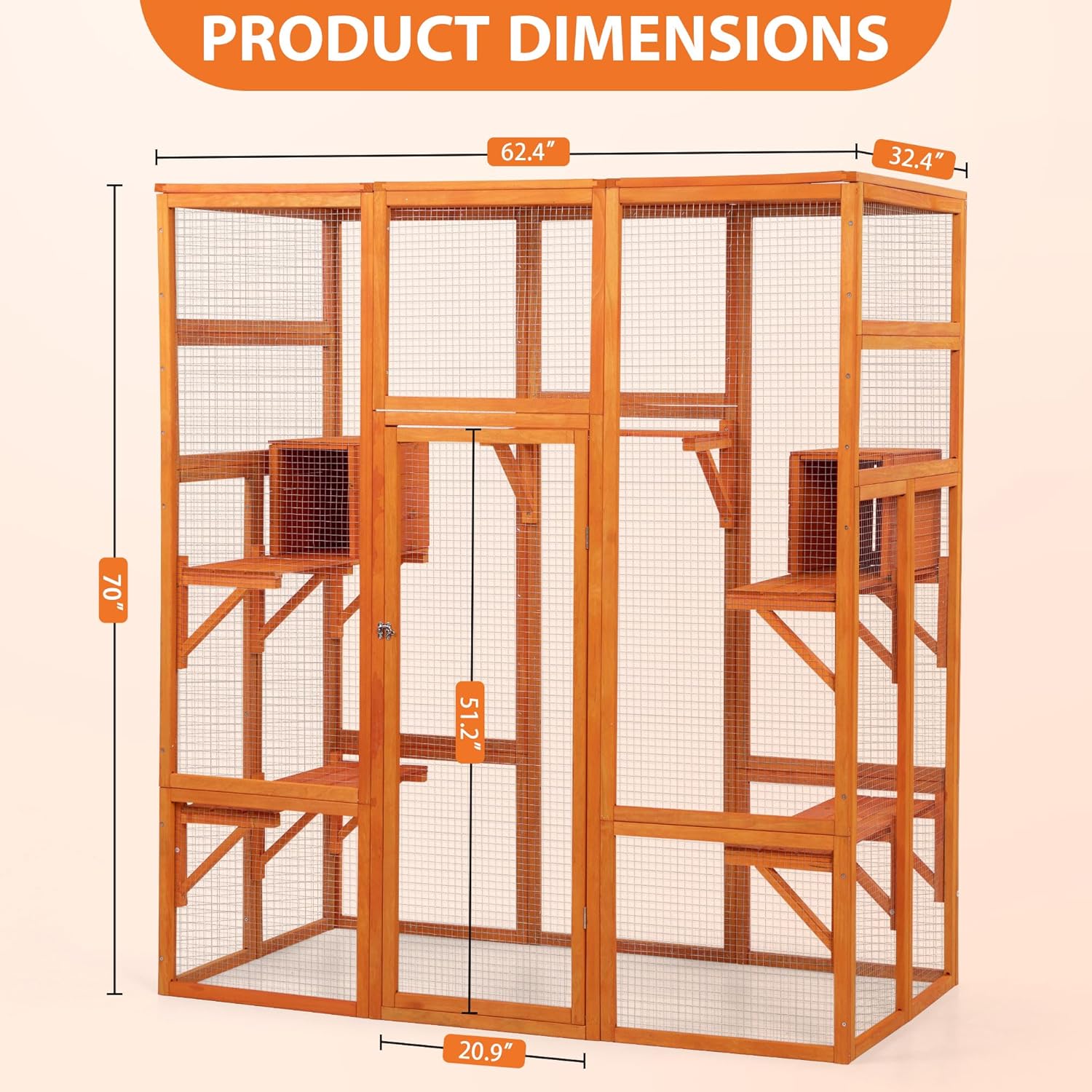 review NicBex Outdoor Cat Enclosure Wooden Outdoor Cat House with 5 Perches, 2 Condos and 1 Lockable Door Large Solid Wood Walk-in Cat Kennel Condo Shelter for Hiding and Resting Cat Cage,Orange,62.6