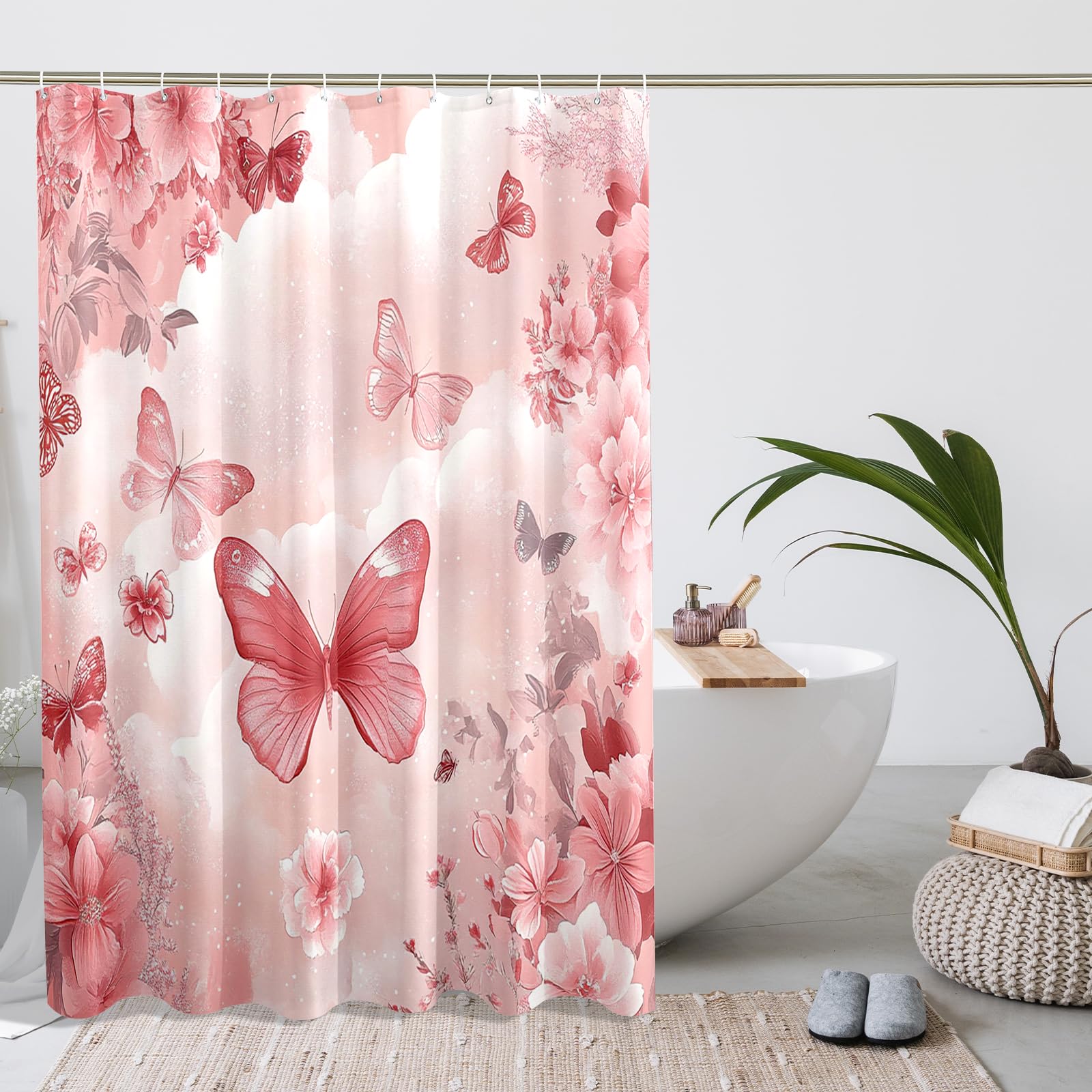 DESIHOM Peach Cute Butterflies Shower Curtain Set 72 Inch, Kawaii Fun Kids Bathroom Decor, Cute Girls Printed Fabric Bath Accessories