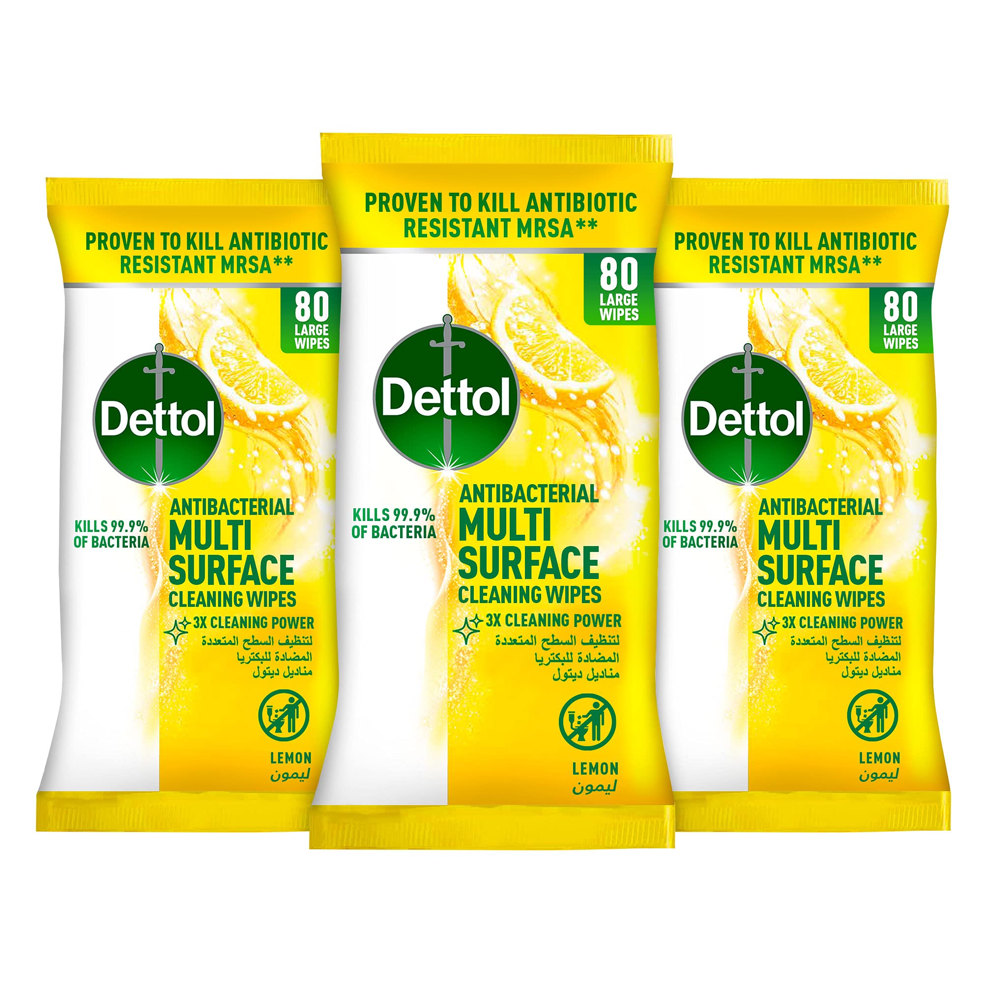Dettol Lemon Antibacterial Multi Surface Cleaning Wipes for effective Germ Protection & Personal Hygiene (Kills 99.9% of Bacteria), 80 Large (Pack 3)
