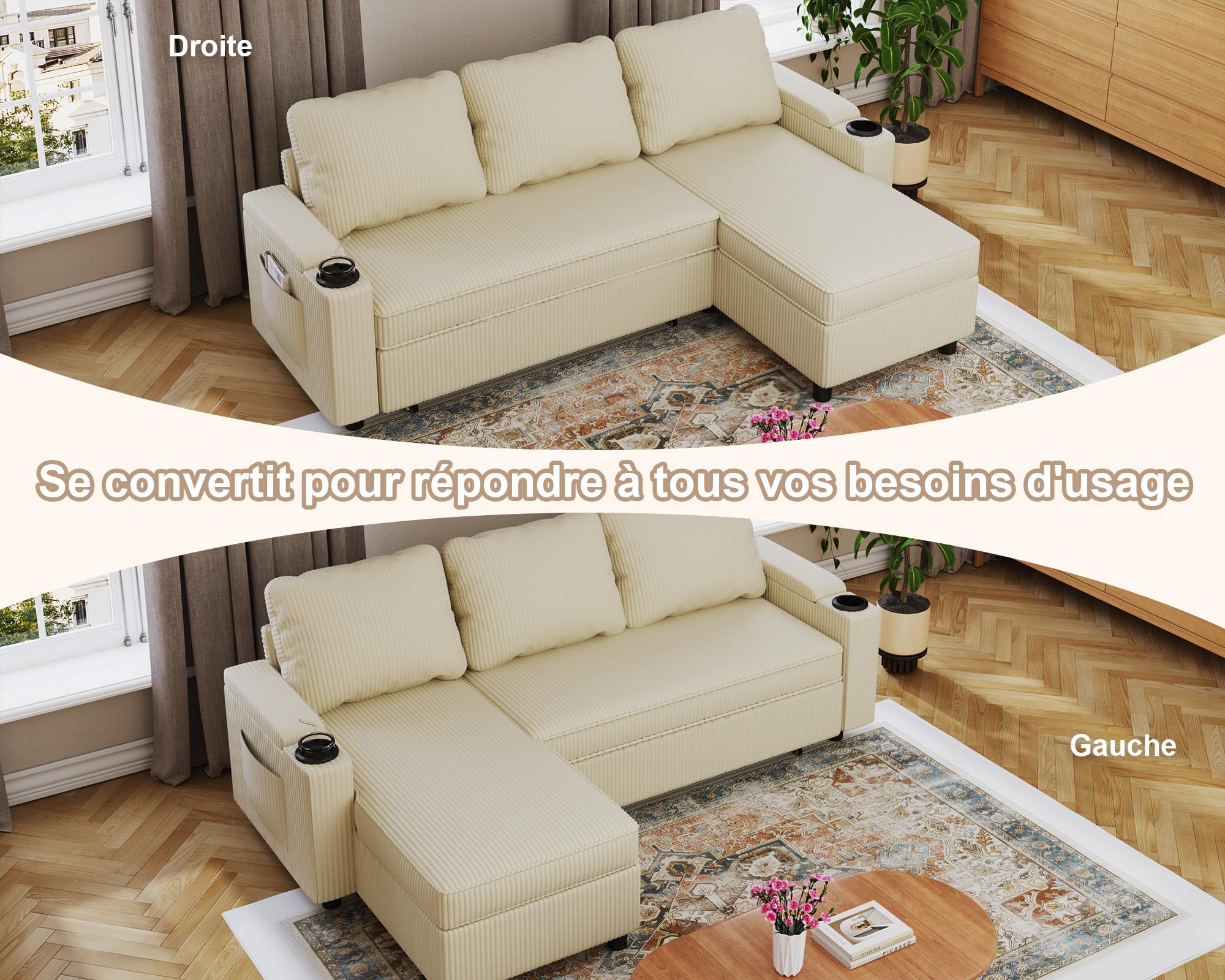 Devoko Canape Dangle Convertible, Canapé Convertible avec Rangement et Méridienne Réversible, Multifonctionnel Canape 3 Places Canapé Lit avec Accoudoirs pour Salon et Petit Appartement,Beige