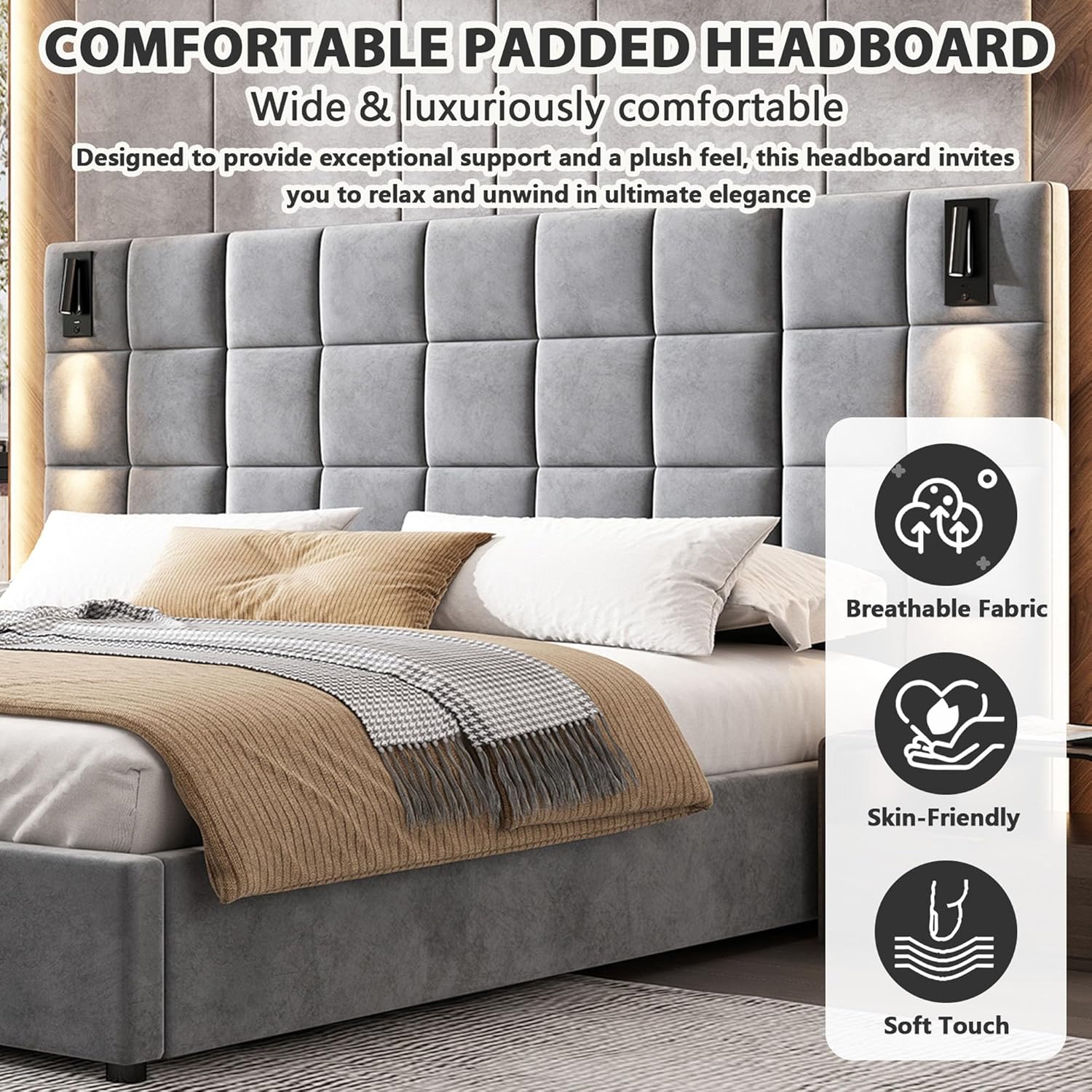 Luxury California King Bed Frame with Spacious Headboard,Upholstered Platform Bedframe with Adjustable Wall Lamps&USB Port,Velvet Floor Bed Frame for Bedroom,Low Design (California King)