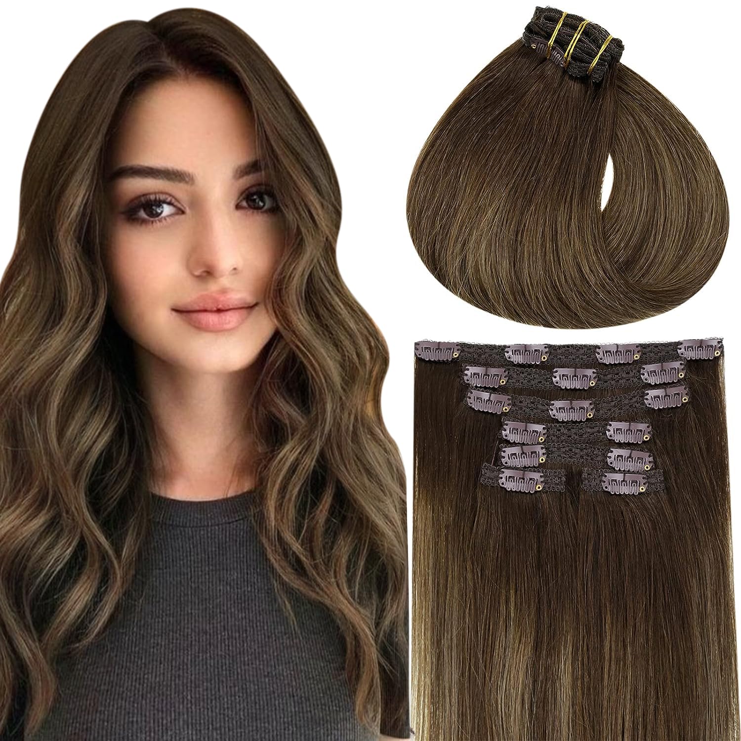 Vivien Clip in Hair Extensions Real Human Hair Dark Brown