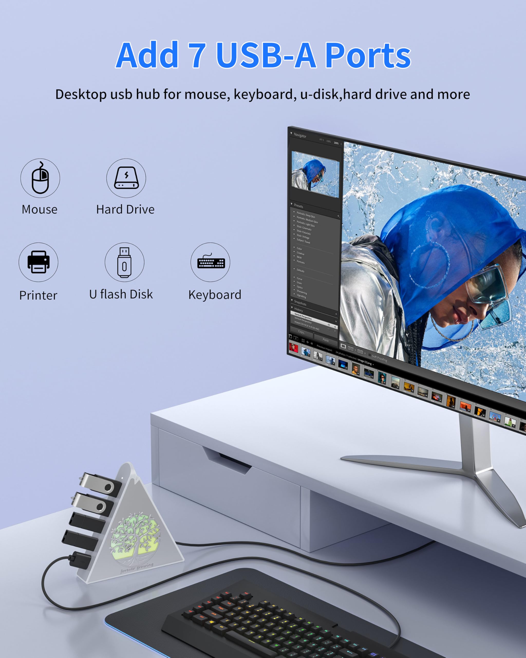 Hub USB 3.0 de 7 puertos, expansor USB vertical plateado con iluminación RGB temática de árbol, velocidad de transferencia de 5 Gbps, cable de extensión de 2 pies, para MacBook, laptop
