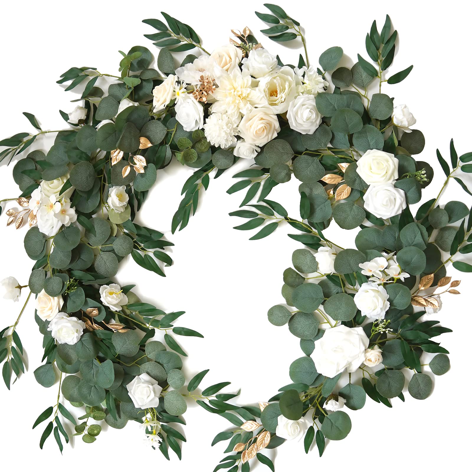 BMQDSM Artificial Flowers Eucalyptus Garland with Flowers 6FT Fall Flowers,Wedding Arch Flowers,Wedding Table Garland,Flocked Garland, Wedding Decorations,Garland Christmas Decorations (White)