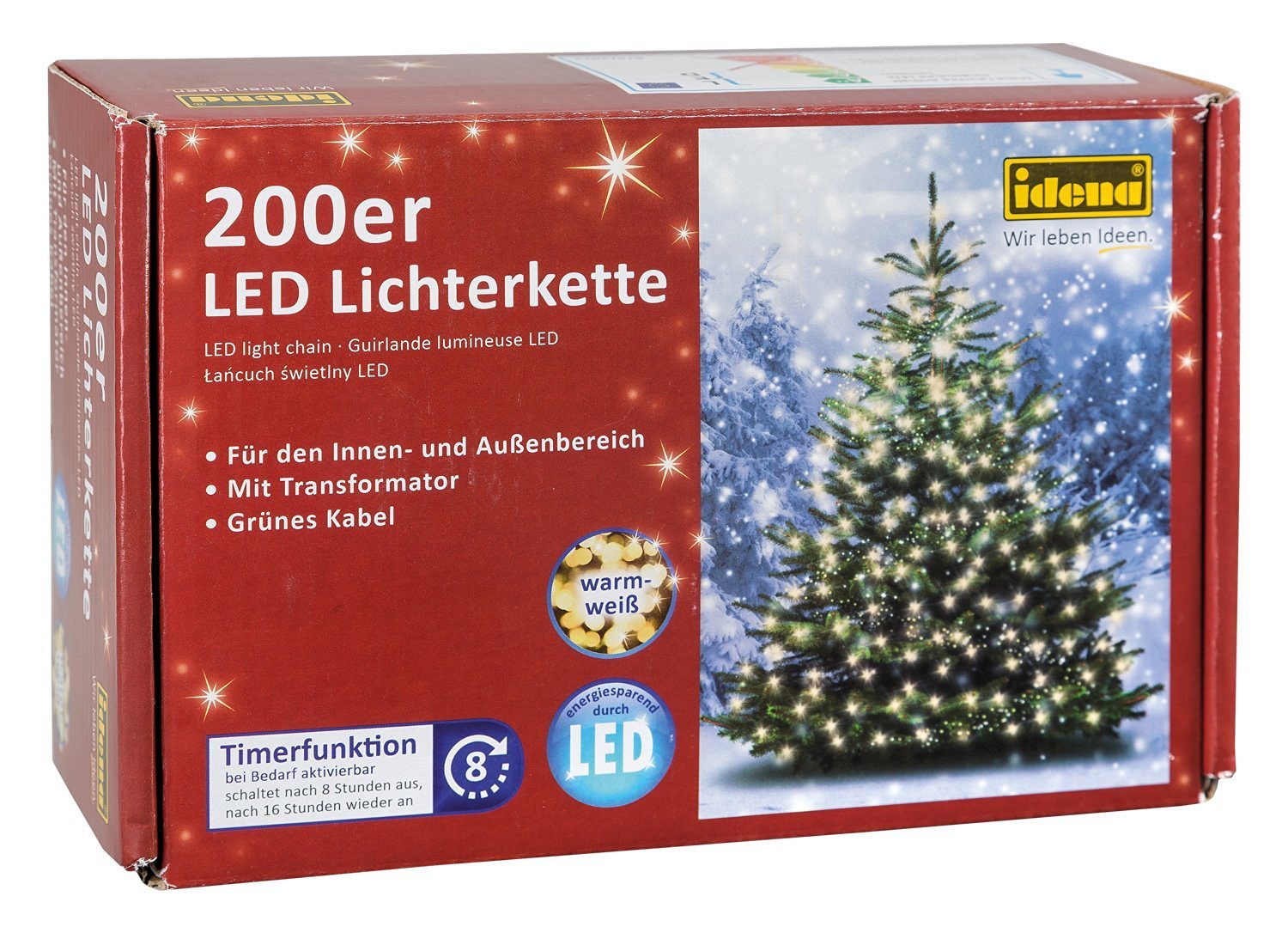 Idena LED Lichterkette für innen/außen, warm-weiß (200 LEDs, warm-weiß, 4)