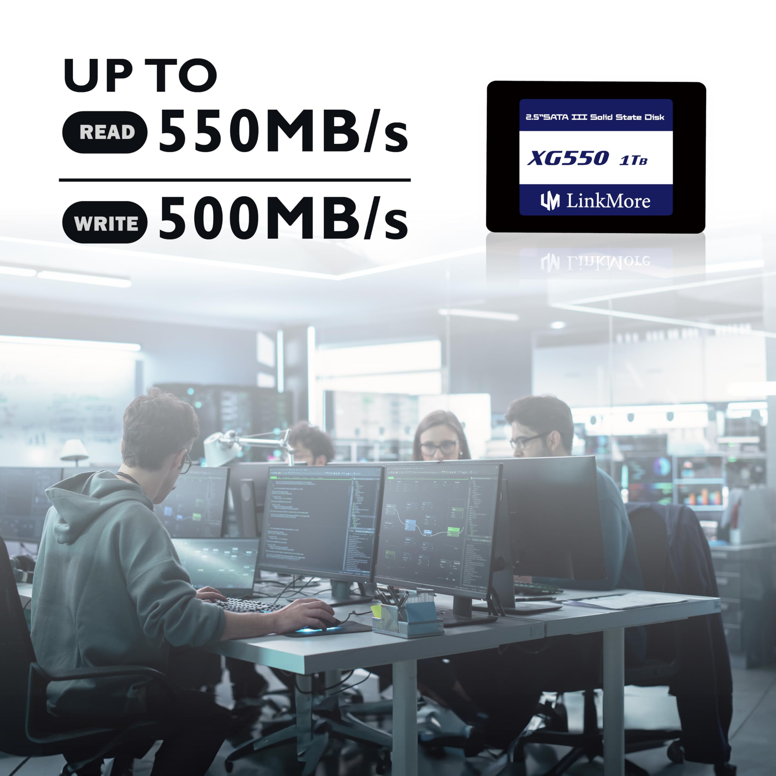 LinkMore XG550 1 TB SSD interno SATA III da 2,5" (6 Gb/s), disco SSD, velocità di lettura fino a 550 MB/s, compatibile con laptop e PC desktop da 2,5