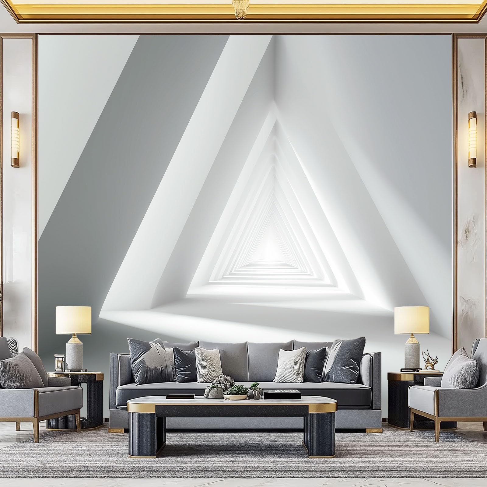 Panoramiczna tapeta 350 x 256 cm (szer. x wys.), włóknina ścienna abstrakcyjna geometryczna trójkąty - do salonu pokoju dziecięcego i kremowa dekoracja ścienna