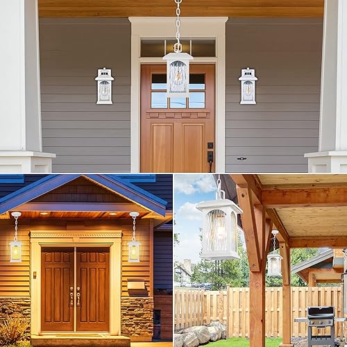 Miniatura 5 de Lámpara colgante blanca para exteriores  Lámparas colgantes exteriores ajustables, luz de porche impermeable con vidrio ondulado, moderna lámpara