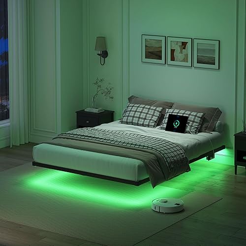 Miniatura 10 de Base de cama flotante tamaño Queen, marco de cama resistente con luces LED inteligentes y estación de carga, cama moderna de plataforma de metal,