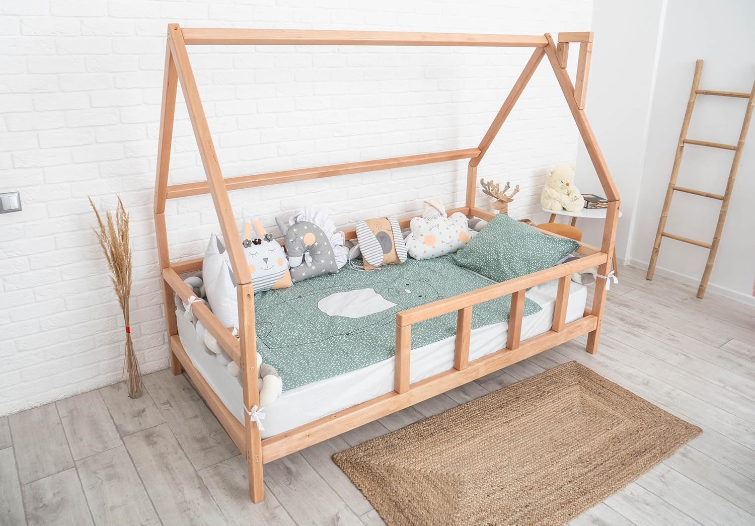 BUSY WOOD Toddler Bed Frame with Guardrails - House Bed for Kids - Fun Low Daybed for Children Montessori Bedframe - Small/Twin/Full/Queen/King Size - 7 Colors (Model 1)