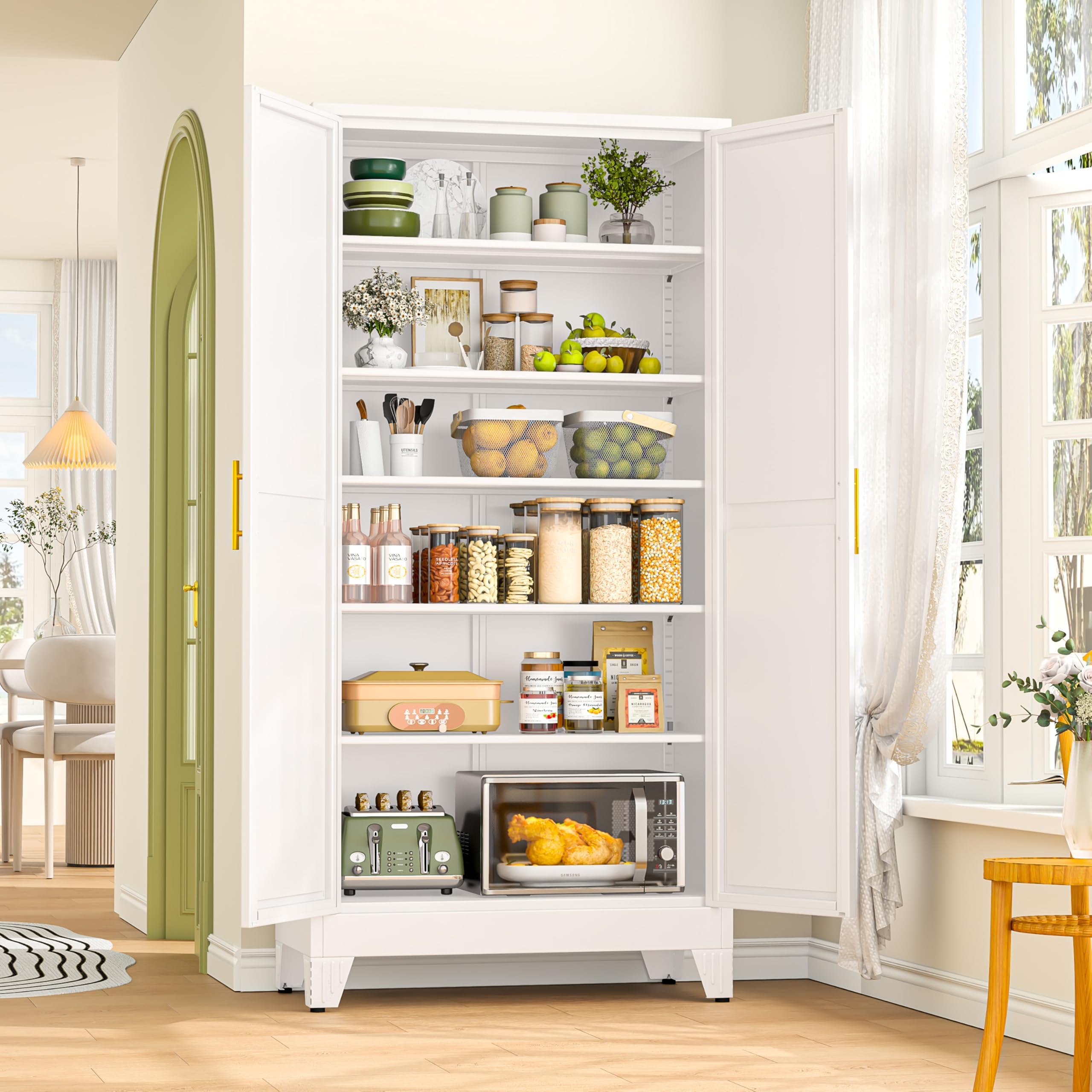 GAIOUS 75.2" Tall Metal Storage Cabinet, Kitchen Pantry Cabinet White