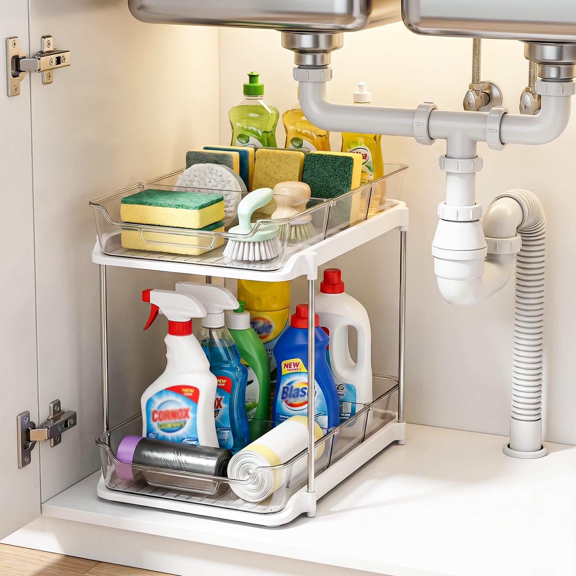 Bathroom Organizer Clear Under Sink Organizers Vanity Countertop Storage Container Cabinet Drawers Pull-Out Organization with Track for Pantry Kitchen (2 Tier With Compartment)