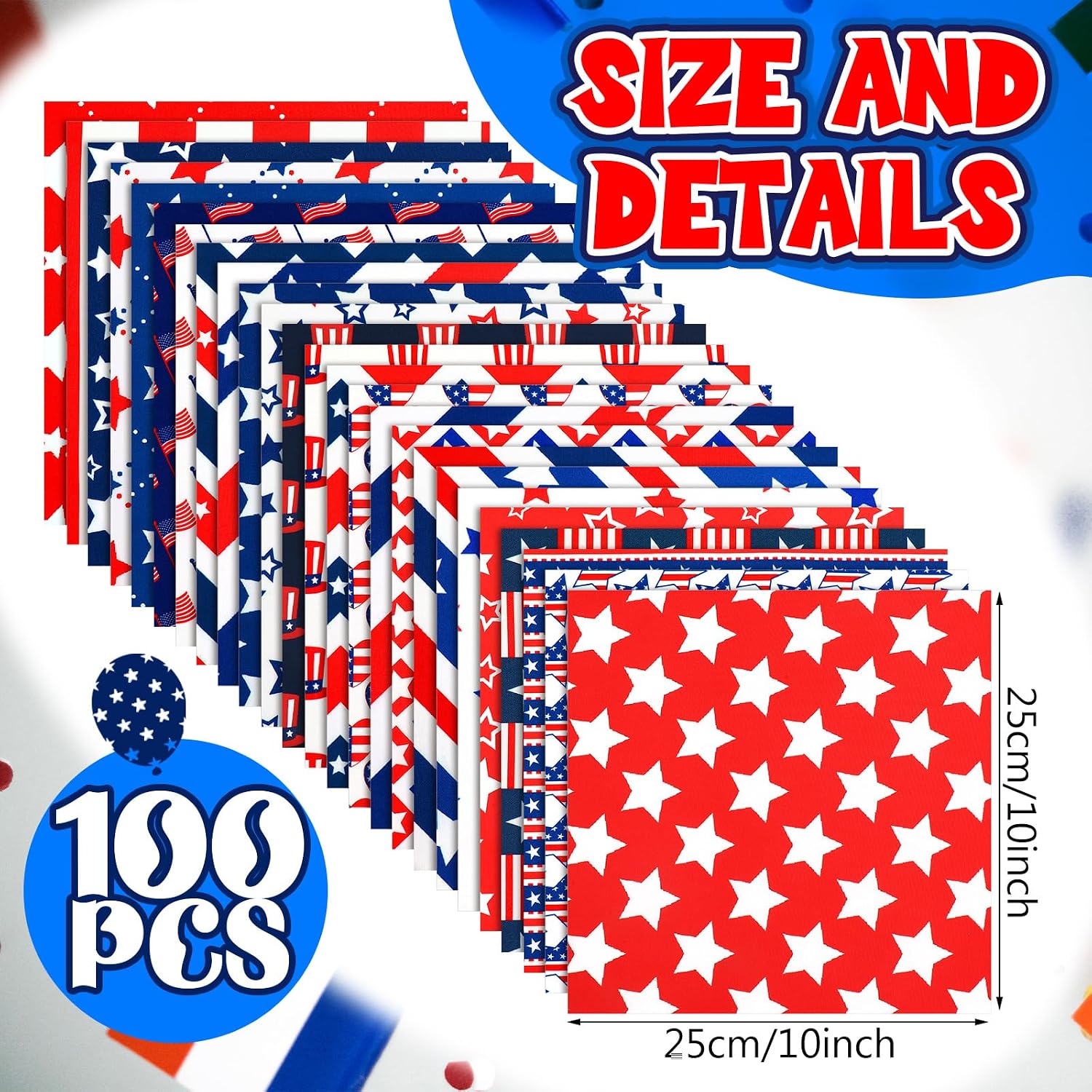 Ganeen 100 Pcs 10 x 10 Inch Memorial Day Fabric Squares Patriotic Quilting Fabric Bundle American Flag Red White Blue Precut Patchwork Print Fat Scraps for 250th Anniversary Handmade Sewing DIY Craft