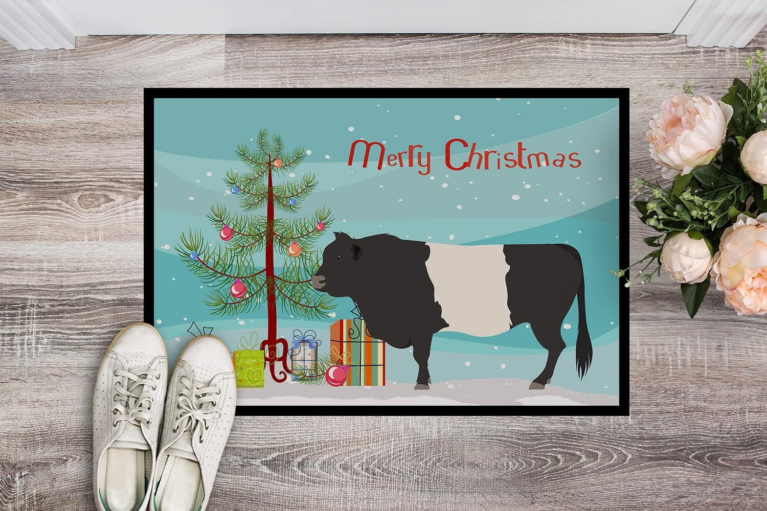 Caroline's Treasures BB9198JMAT Belted Galloway Cow Christmas Doormat 24x36, Teal Front Door Mat Indoor Outdoor Rugs for Entryway, Non Slip Washable Low Pile, 24H X 36W