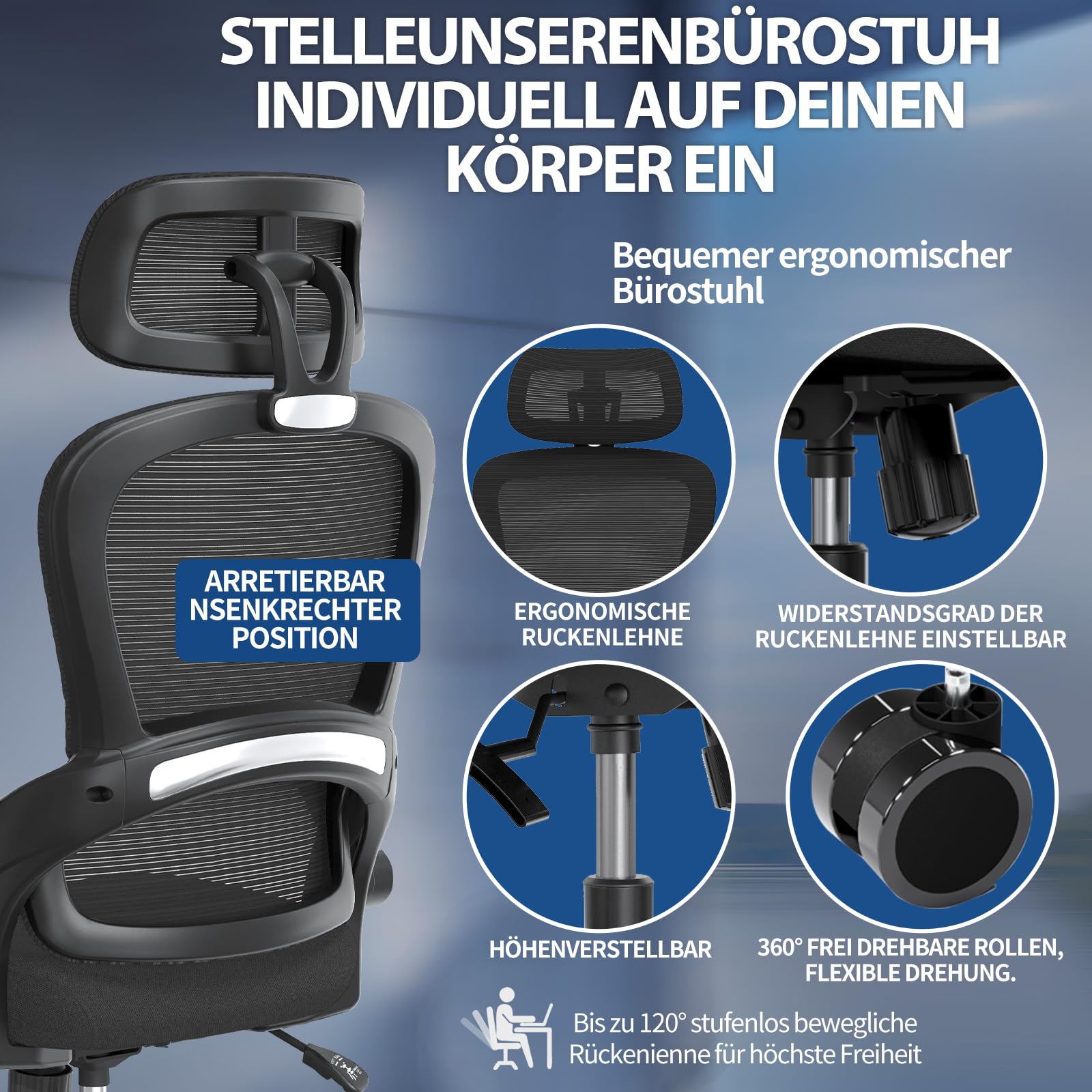 TRALT Ergonomischer Bürostuhl - Schreibtischstuhl mit Verstellbare Kopfstütze Höhenverstellbarer Bürostuhl Büro Stuhl - Office Chair Ergonomic Desk Chair - Gaming Stuhl 150kg für Lange Zeit Schwarz