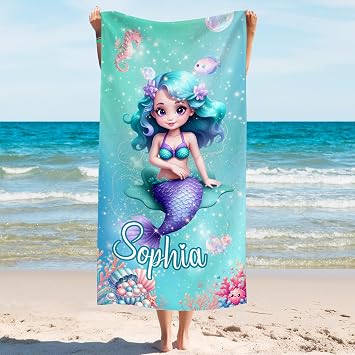 Kids Beach Towels - Personalized Beach Towels for Kids with Names - Custom Pool Towels for Boys Girls - Customized Bath Towels - 6 Sizes - Cotton/Poly Travel Towel Mermaid C
