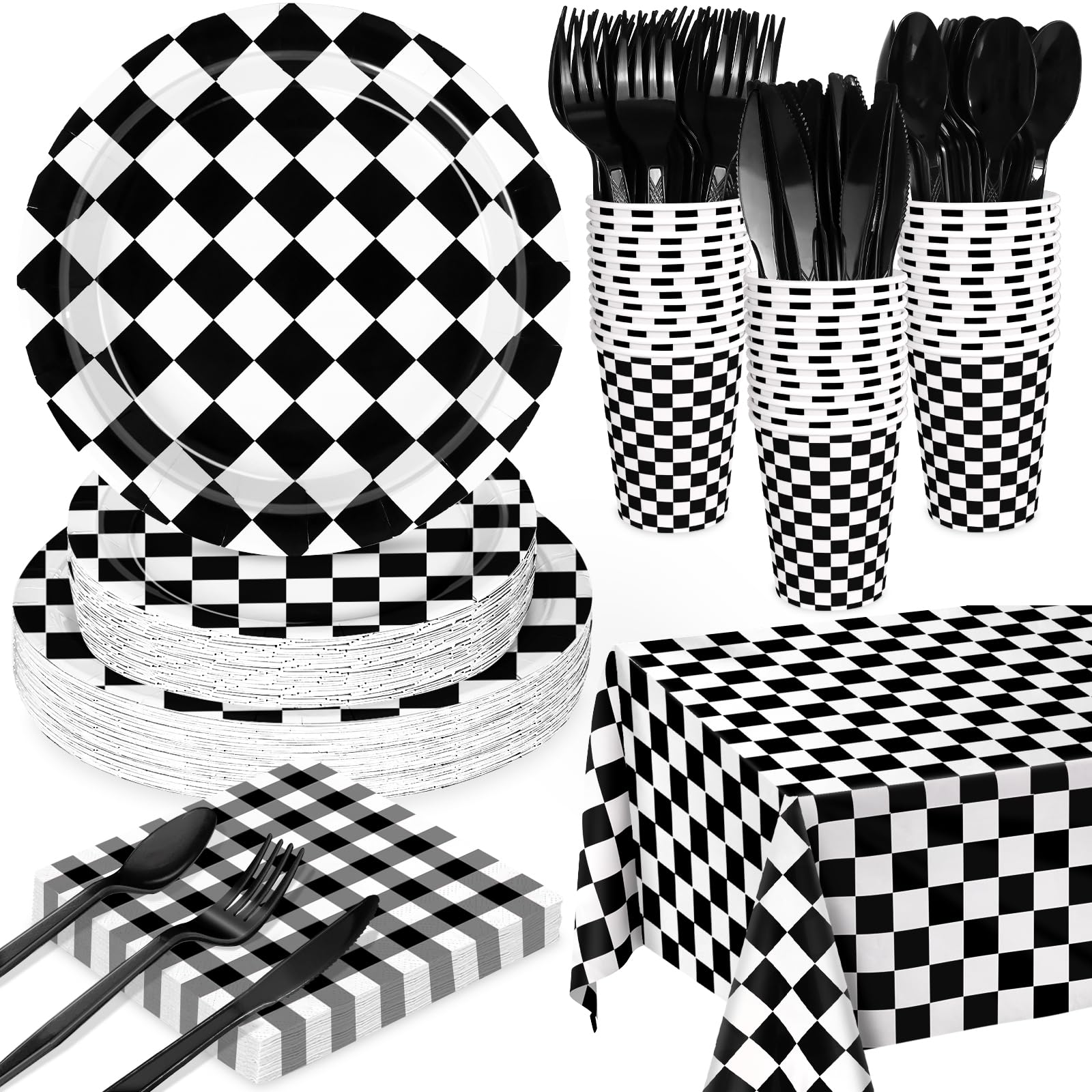 WNINK 176 PCS Race Car Birthday Party Decorations Black and White Gingham Plates and Napkins, Cups Plastic Spoons Forks Knives, Cutlery for Cars