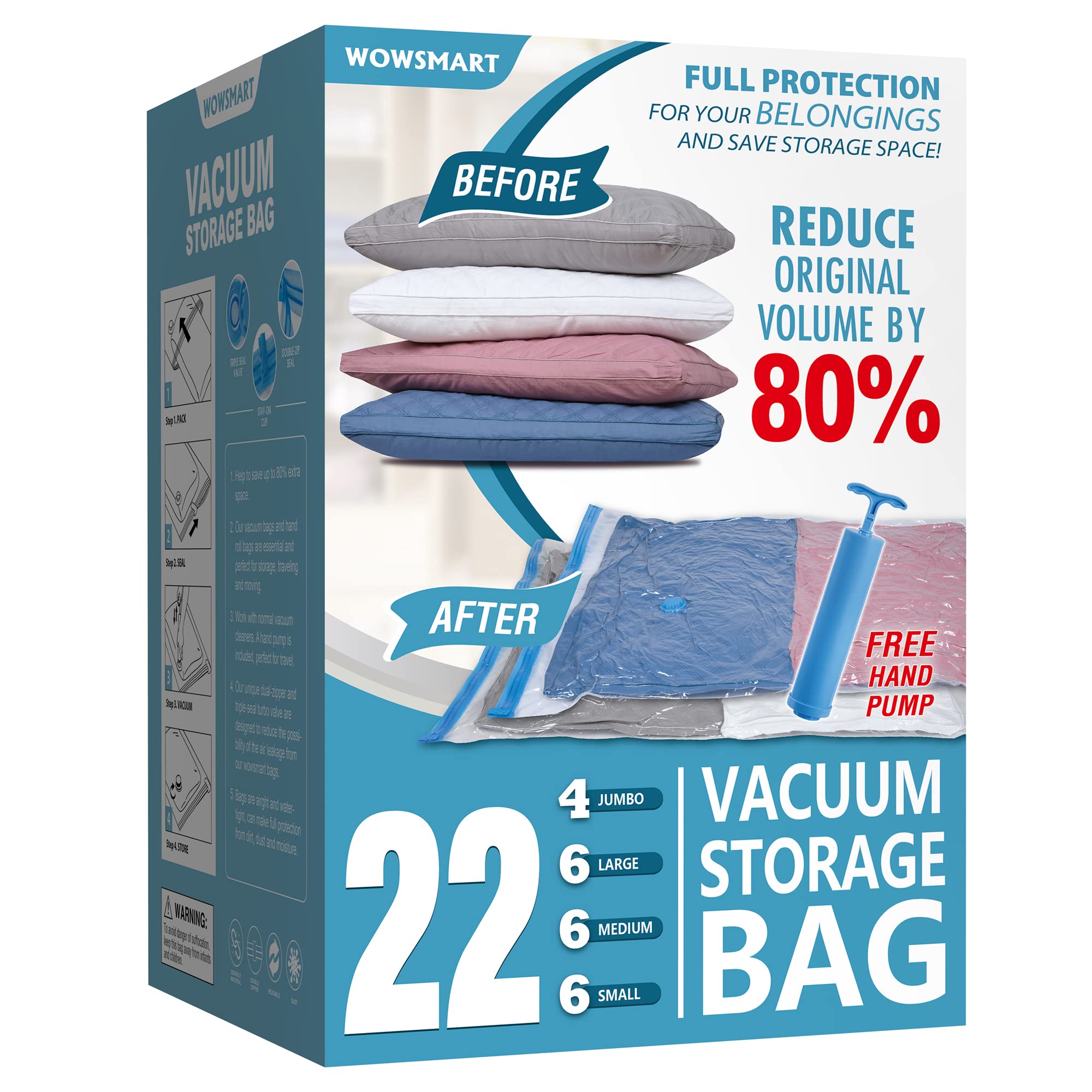 22 bolsas de almacenamiento al vacío con bomba de mano, 80% de ahorro de espacio, bolsas de almacenamiento al vacío para ropa, equipaje de viaje, mantas, edredones