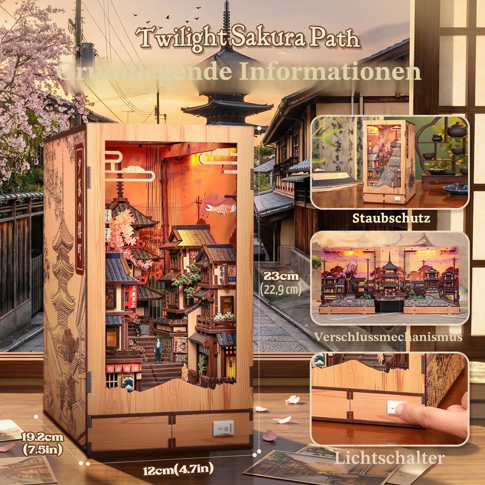 CUTE BEE Book Nook Sakura - Japanisches Booknook Kit & Miniatur Haus zum Selberbauen, DIY Miniature House mit LED-Licht, 3D Puzzle Erwachsene Bücherregal Deko Holzbausatz (Twilight Sakura Path)