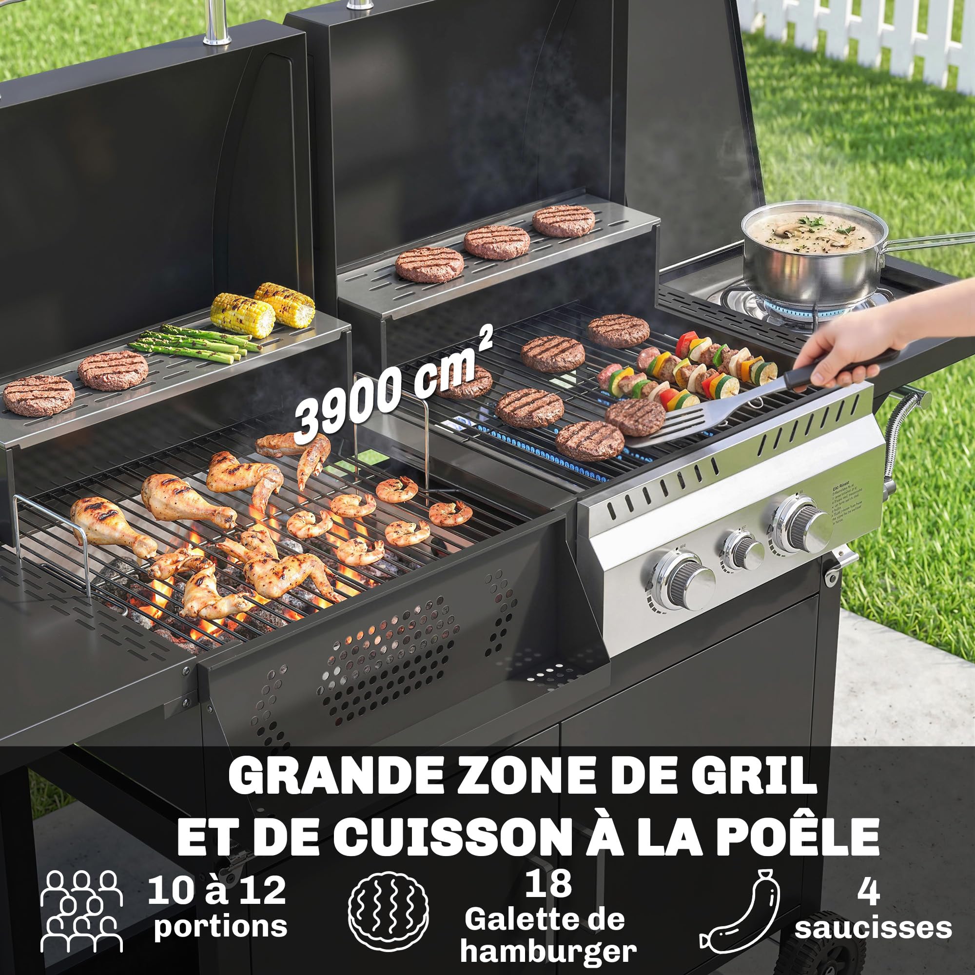 Outsunny Barbecue Hybride Gaz et Charbon de Bois - Barbecue Mixte 2 en 1 avec 3 Brûleurs et Feu Latéral - avec Thermomètre, Cabinet de Rangement et Décapsuleur, Noir