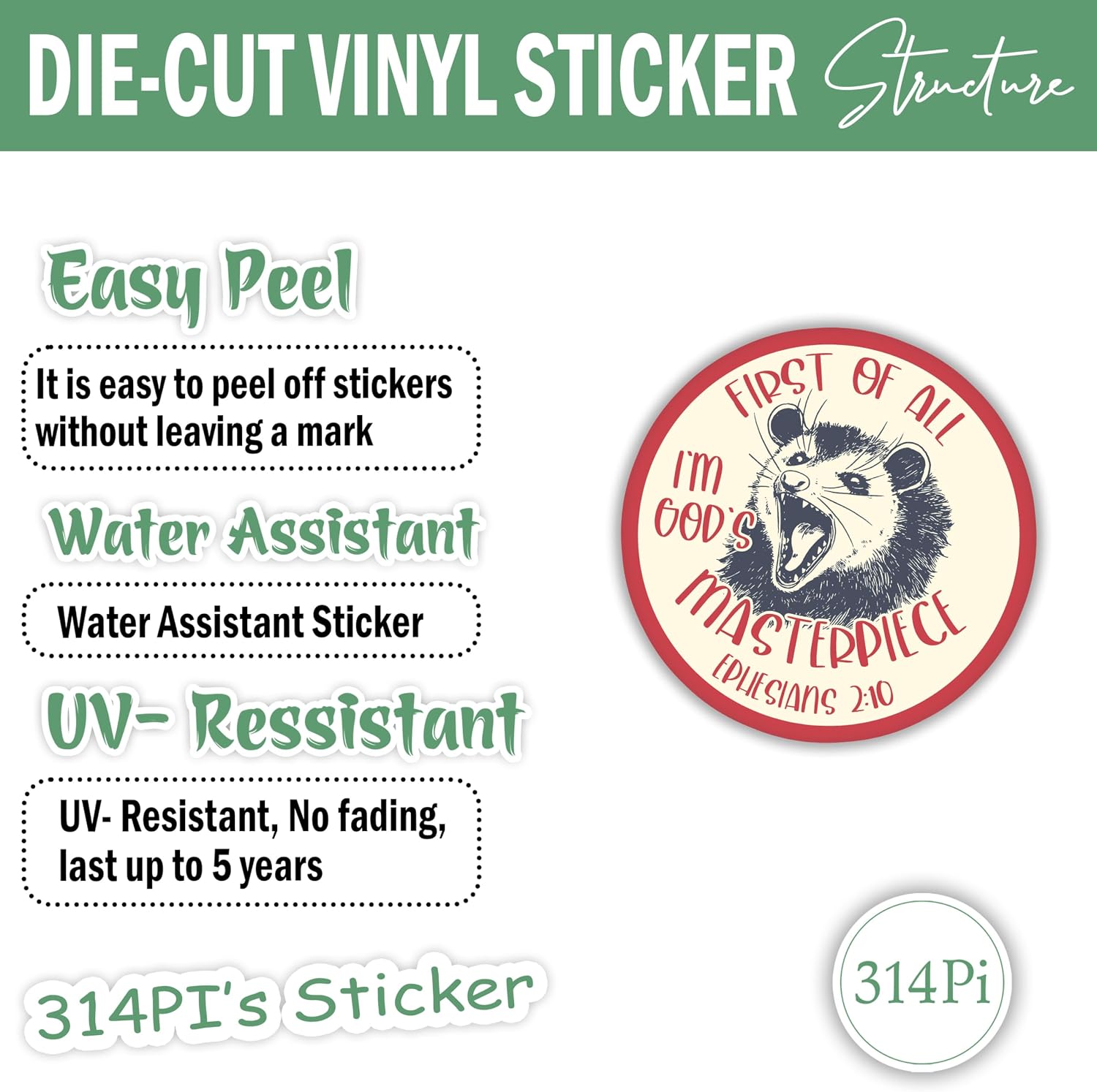 314PI (3pcs) First of All I'm God's Masterpiece Opossum Sticker, Funny Opossum Water Assistant Funny Quotes Stickers, God Decal for Water Bottle Laptop, Gift for Boys Girls, Bible Stickers (Size 2") image 3