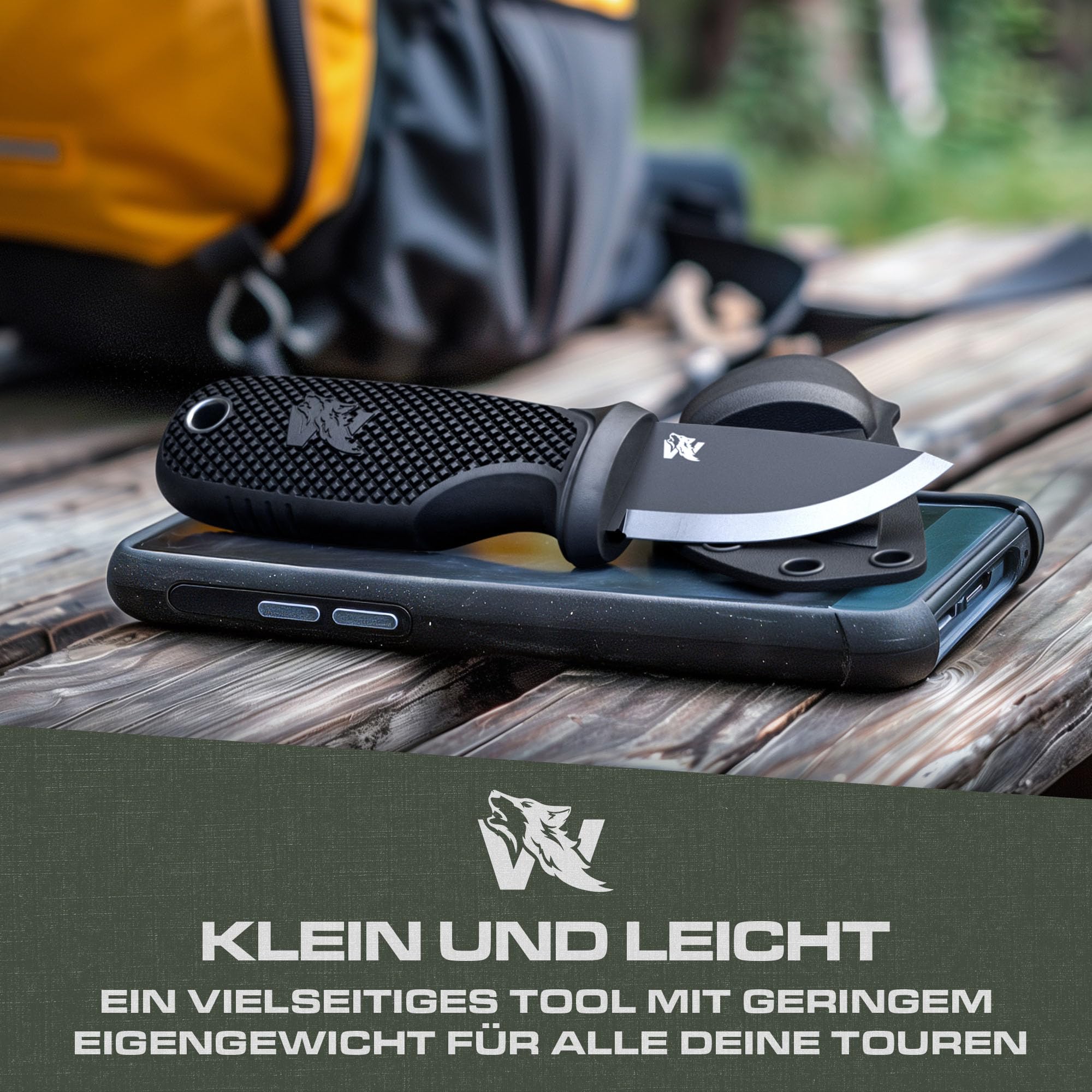 ODENWOLF W-MINI 2 Neck Knife aus D2 Stahl - Kleines EDC Messer Feststehend mit Holster und Feuerstahl - Outdoor Messer Klein und Handlich - Halskette