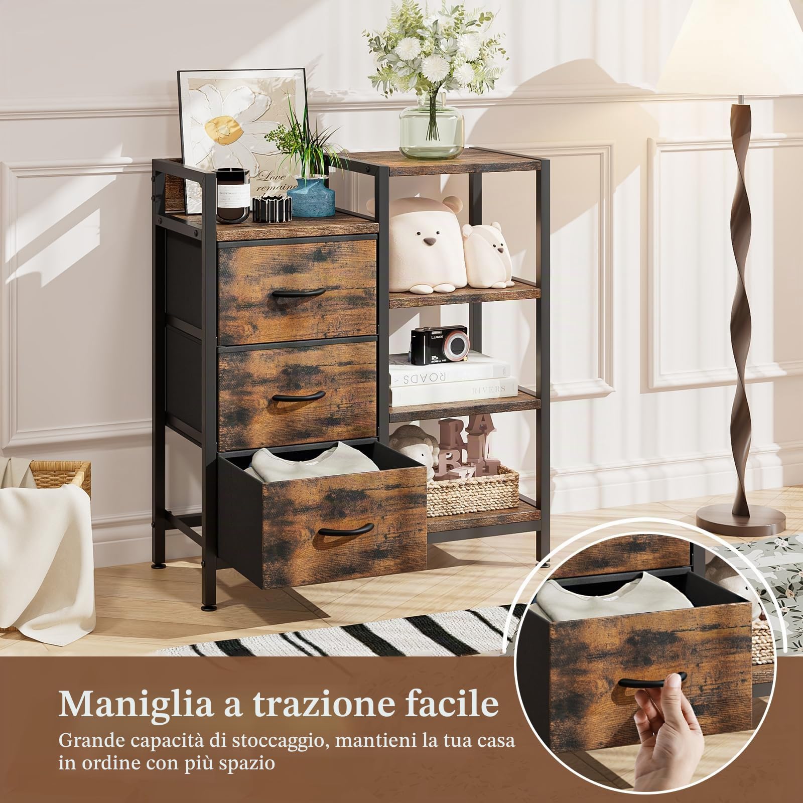 Cassettiera, con 3 cassetti in tessuto e 4 ripiani, Marrone