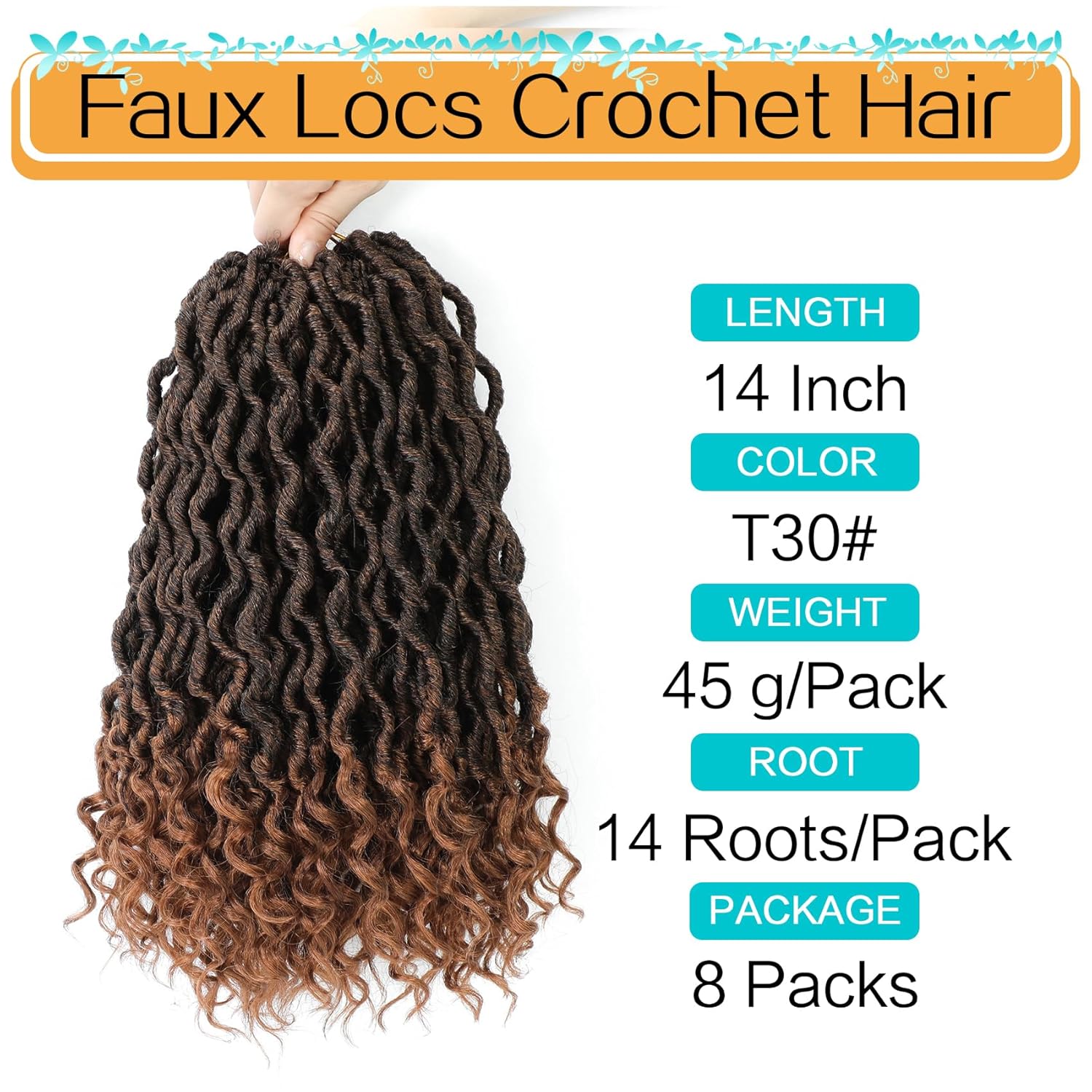 Karida Goddess Locs Crochet Hair 14 Inch, 8 Packs Upgraded Crochet Hair for Black Women, Pre Looped Crochet Faux Locs With Curly Ends (14 Inch (Pack of 8), T30#)