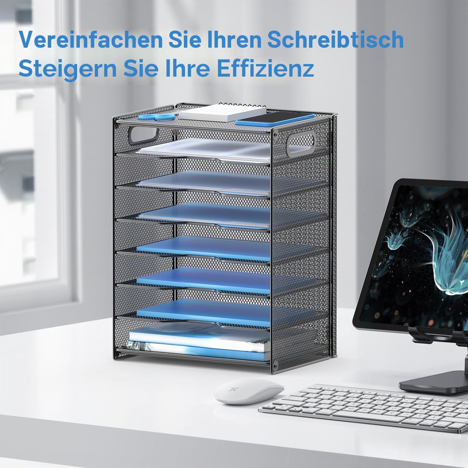 OUTWOLF Schreibtisch Organizer mit Griff, 8 Ebenen Briefablage Stabile Metall-Ablagefächer, Ablagefächer Bürobedarf für A4 Dokumentenablag, Papier, Buch, Magazin (Schwarz)