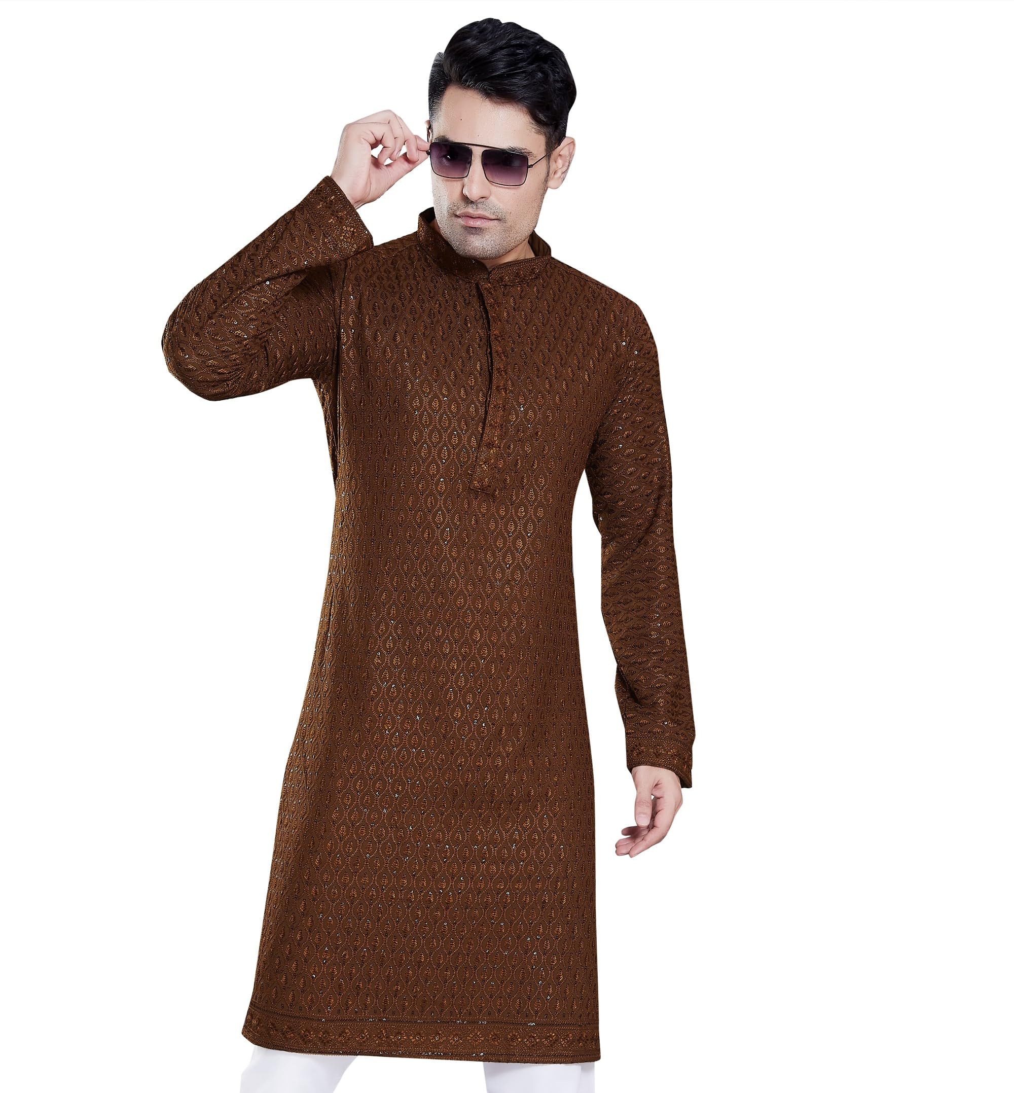 Divisive Men's Sequince Embroidered Cotton Blend Only Slim Fit Kurta (Dkrt112_Xxl_Coffee Gold)