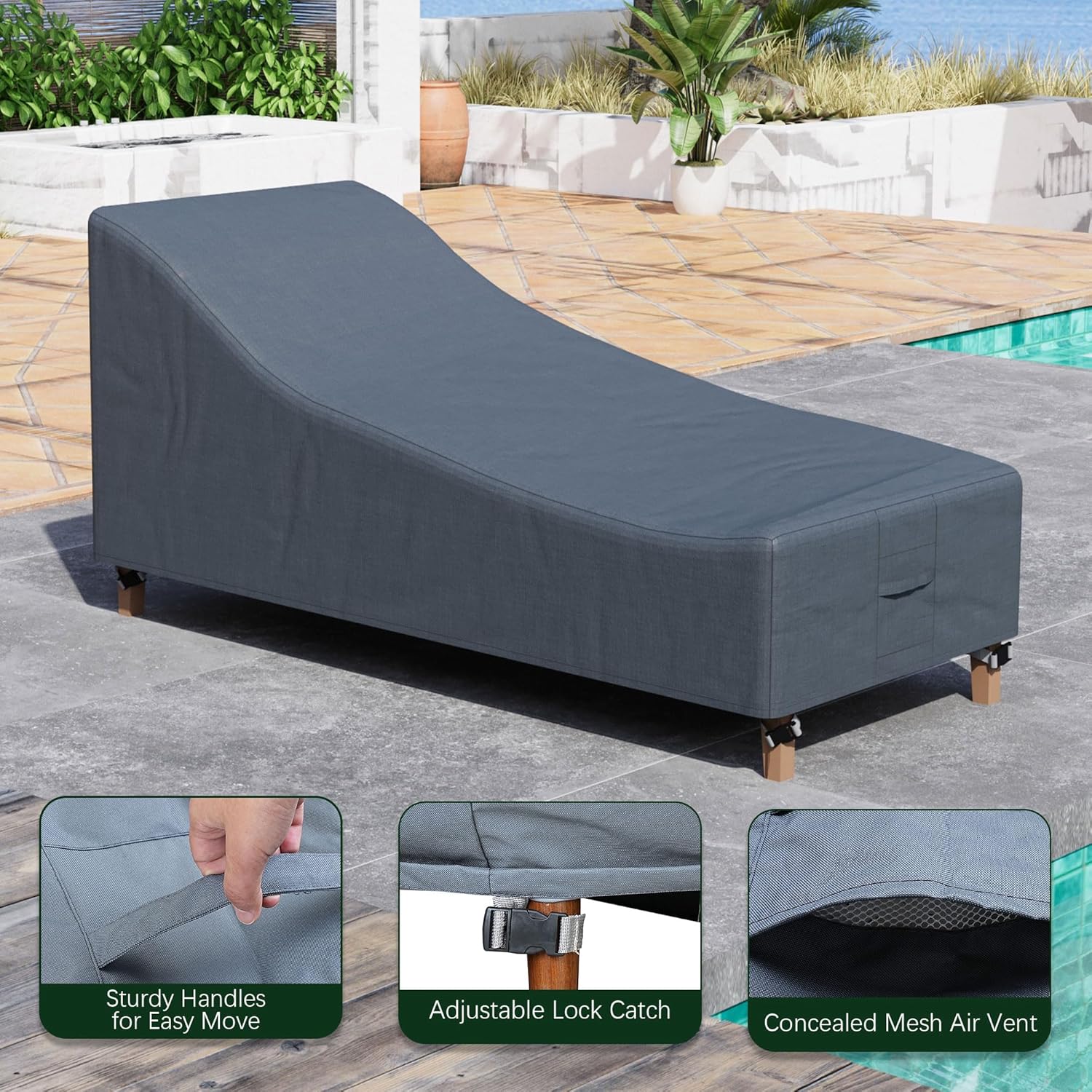 Chaise Lounge Chair Cover, Waterproof Outdoor Patio Furniture Covers, Heavy Duty Outdoor Lounge Chair Covers, 78" W x 35" D x 33" H, Grey