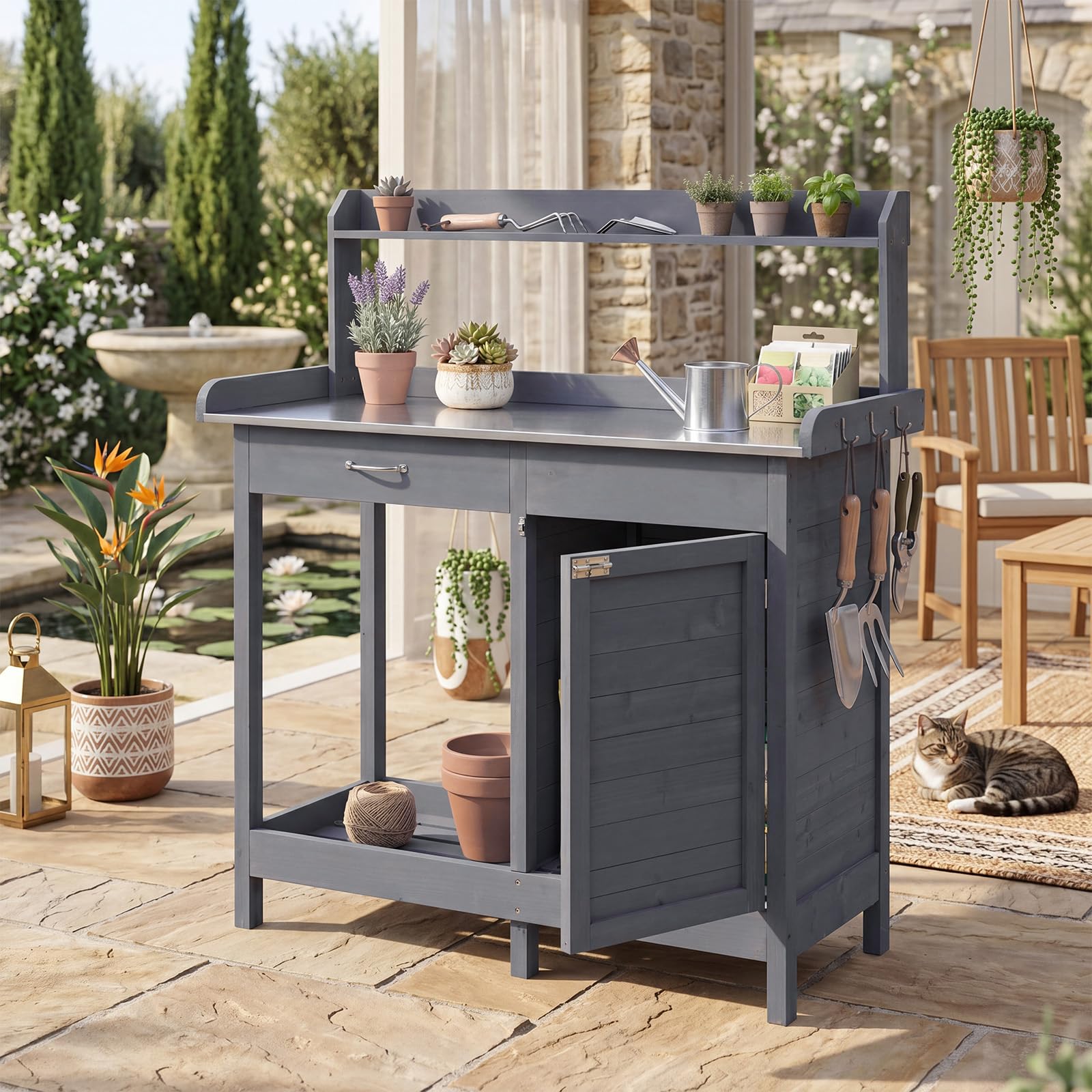 RELAX4LIFE Pflanztisch Outdoor, Gartentisch Holz mit Schubladen, Unterschrank, Edelstahlplatte & Haken, Gartenschrank Wetterfest, Gartenarbeitstisch für Garten & Balkon, 112 x 46,5 x 125 cm (Grau)