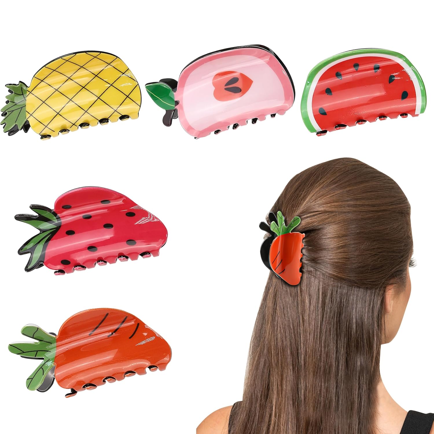 5PCS Funky Hair Claw Clips in Fruit Shape - Novelty Food-Inspired Jaw Barrettes, Sweet Shark Grab Accessories in Bulk for Women Girls Teachers (Peach Pineapple Watermelon Carrot Strawberry) - Image 3