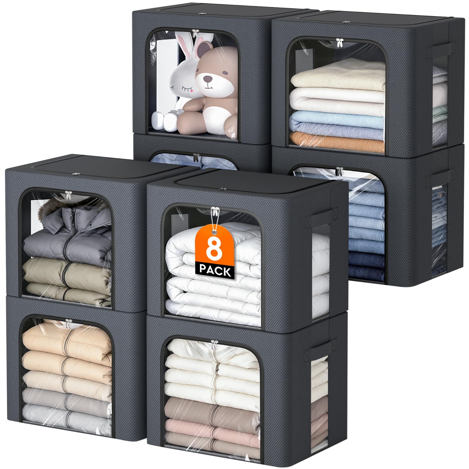 8 Pack Clothes Storage Bins with Metal Frame,Stackable Organizer Bins with Handles for Closet &amp; Bedroom(Light Grey)