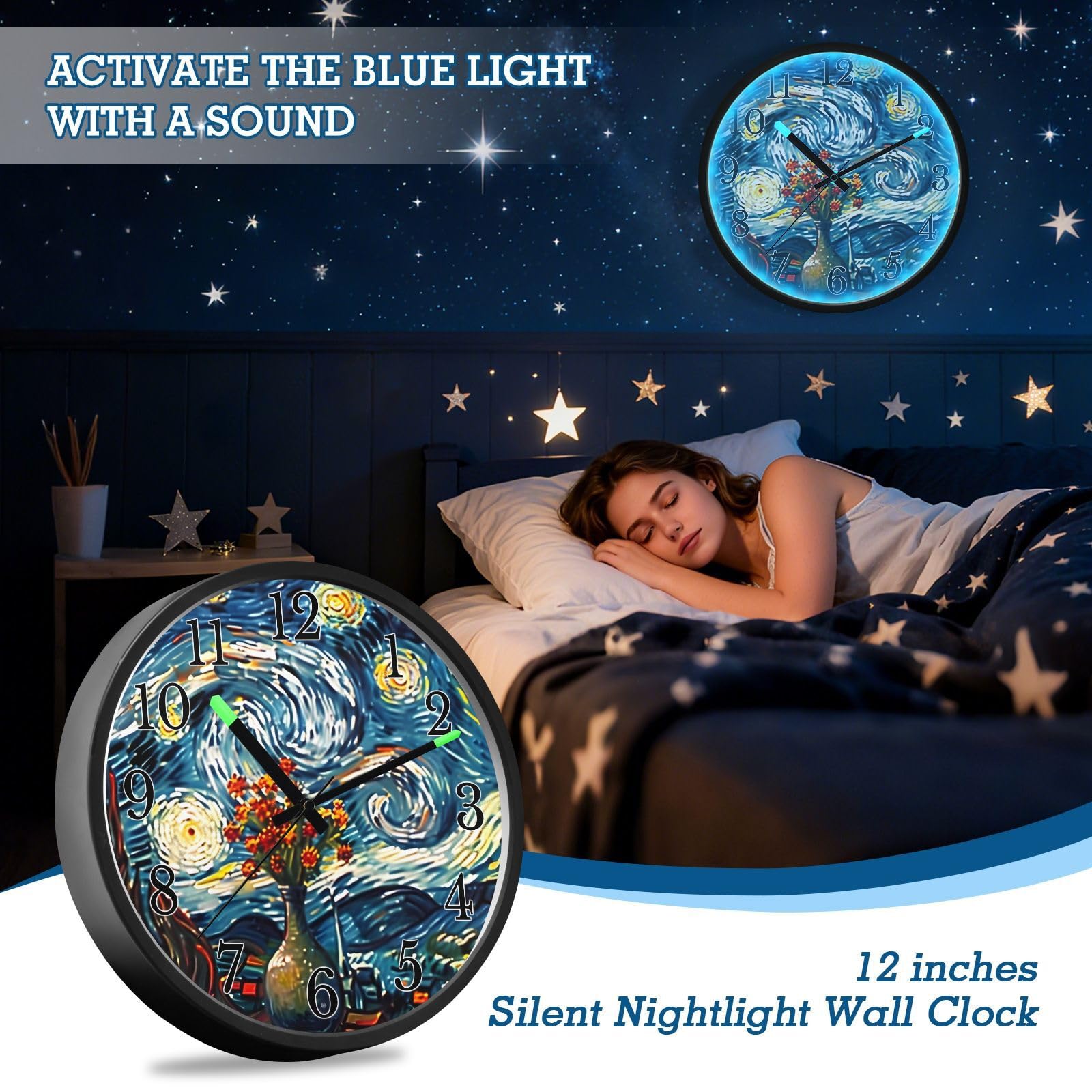 Mnsruu Reloj de pared luminoso, cielo estrellado, luna, noche estrellada, reloj de dormitorio, funciona con pilas, reloj silencioso que brilla en la oscuridad, para sala de estar, cocina, 12 pulgadas
