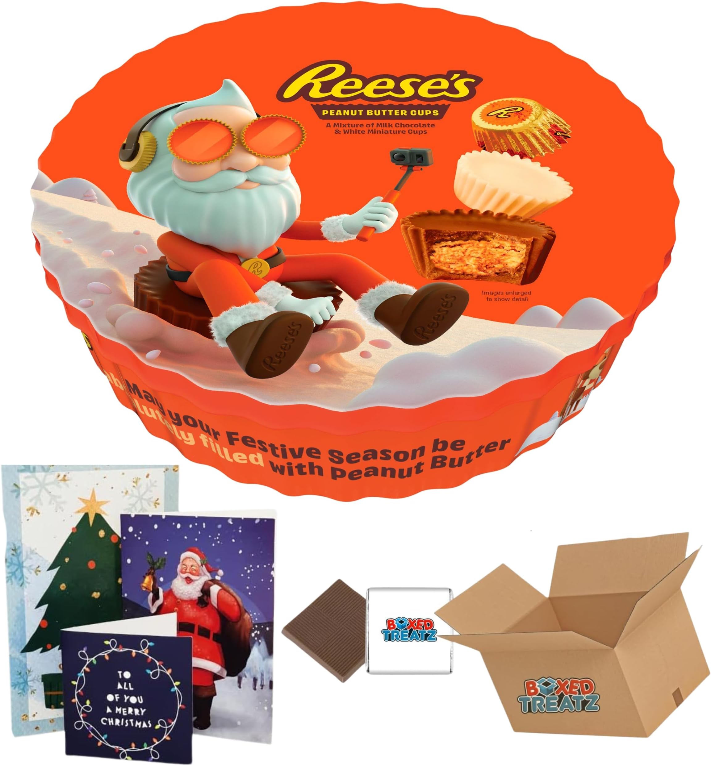 Reeses Peanut Butter Cups 309g Tin - Milk & White Chocolate Peanut Butter Mini Cups Sweet Hamper Box With Christmas Card - Secret Santa Gifts, Stocking Fillers Boxed Treatz
