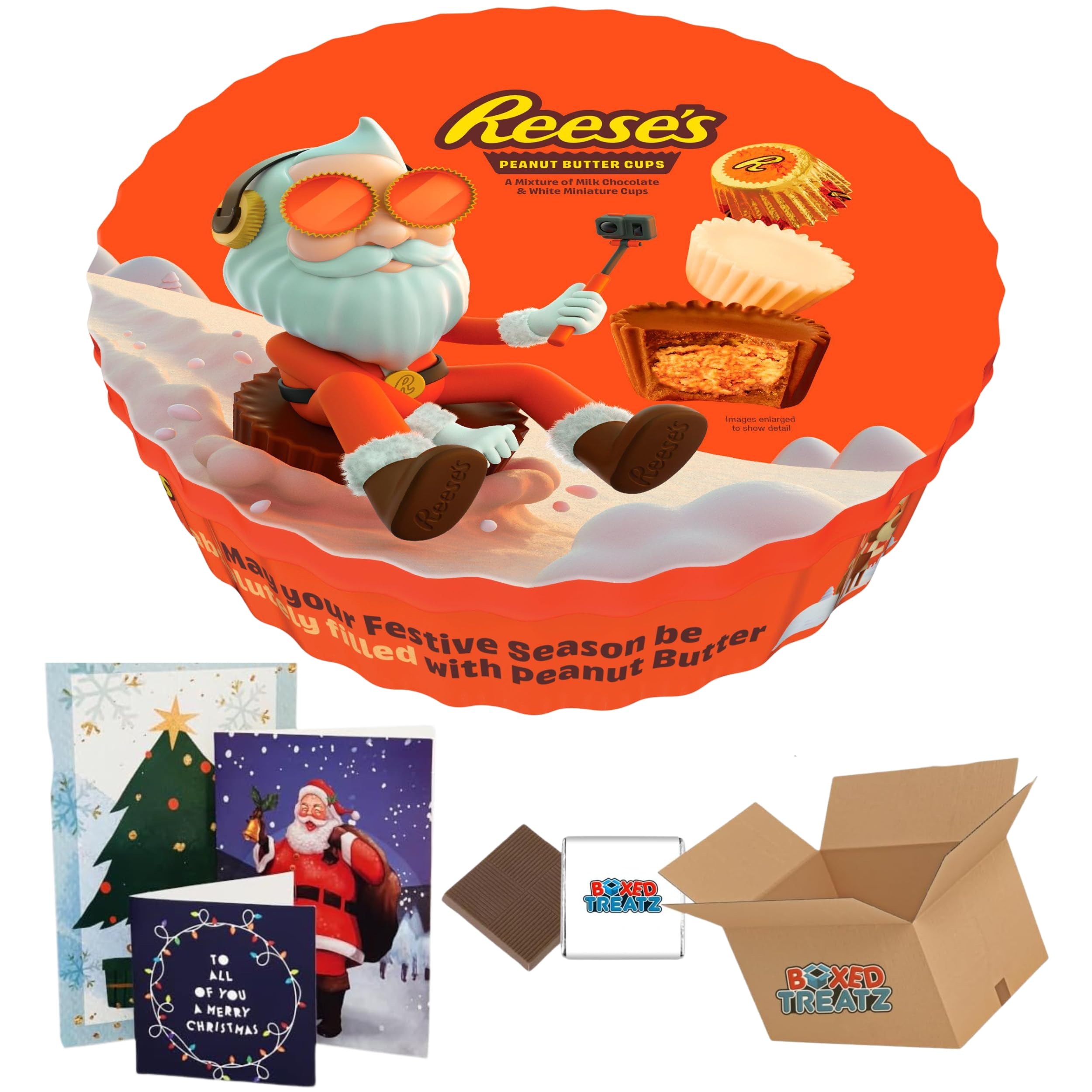 Reeses Peanut Butter Cups 309g Tin - Milk & White Chocolate Peanut Butter Mini Cups Sweet Hamper Box With Christmas Card - Secret Santa Gifts, Stocking Fillers Boxed Treatz