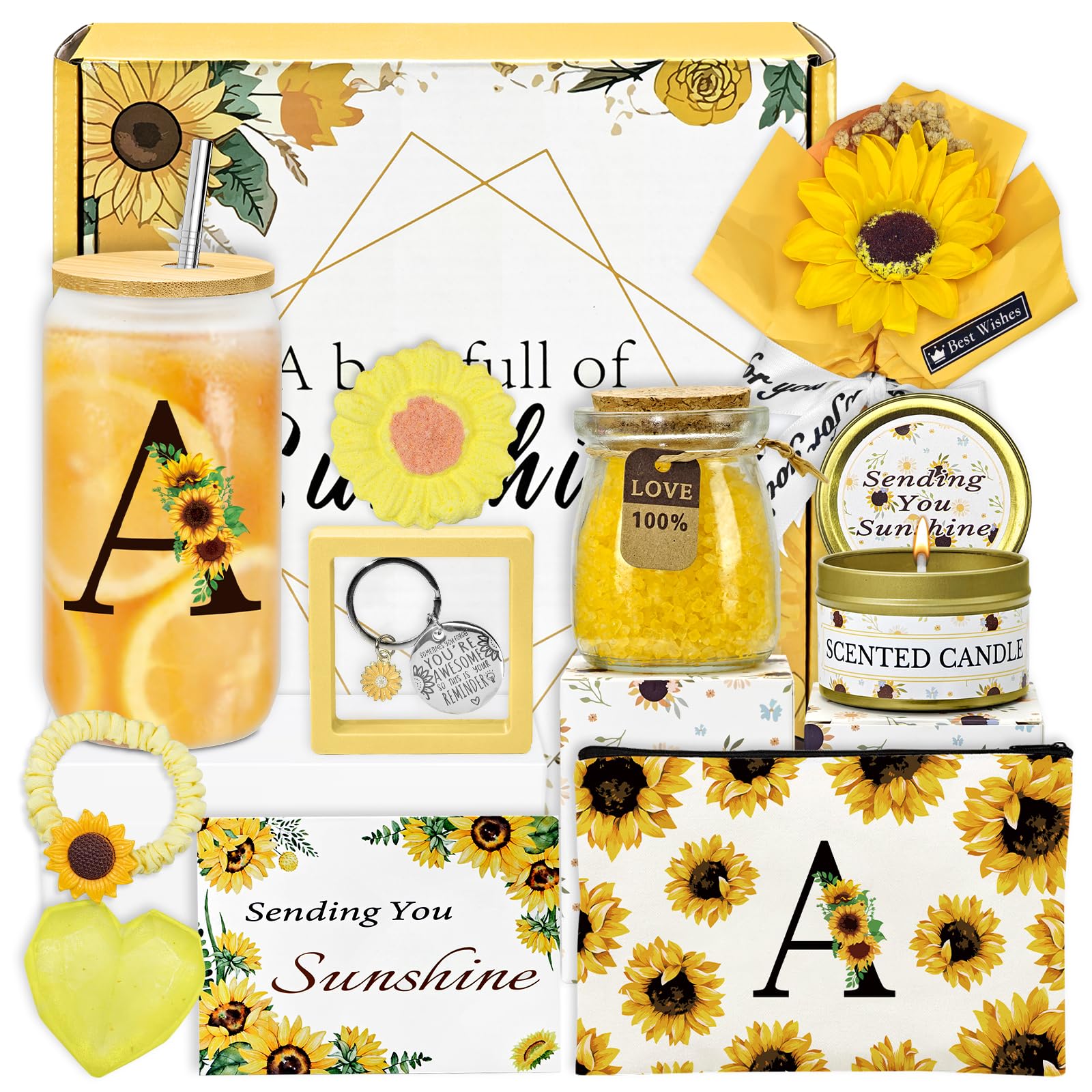 Amgkonp Sunflower Personalized Gifts for Women,12pcs Sunflower Initial Gifts,Initial Glass Cup,Monogrammed Gifts for Women,Birthday Gifts for Women,