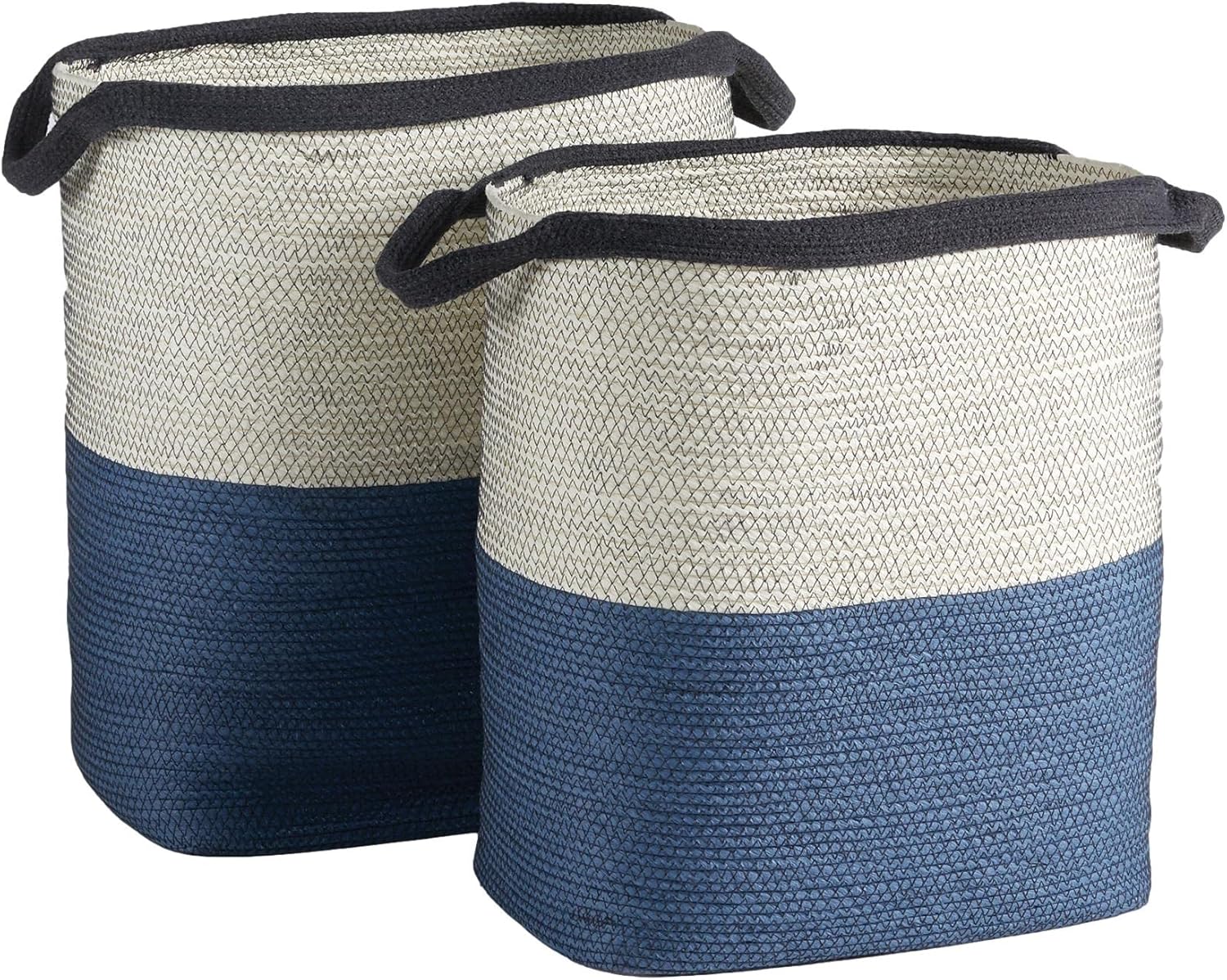 Set 2 Coastal Casual Blue White Stripe Tall Tote Baskets Large Handles Hamper