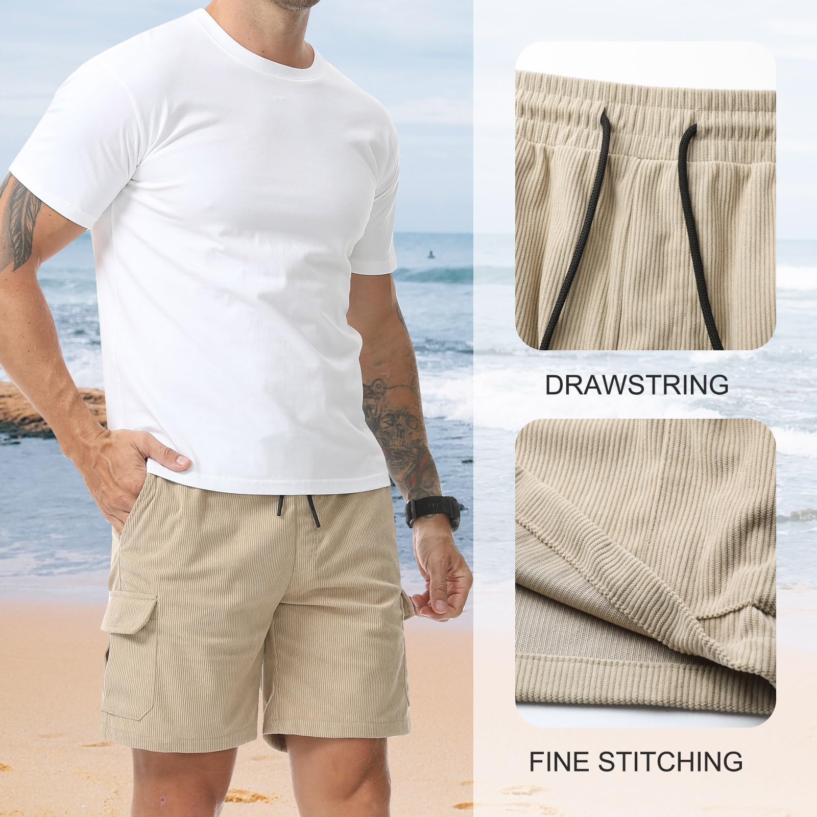 Pantalones Cortos de Pana Cargo Hombre Bermuda con Bolsillos