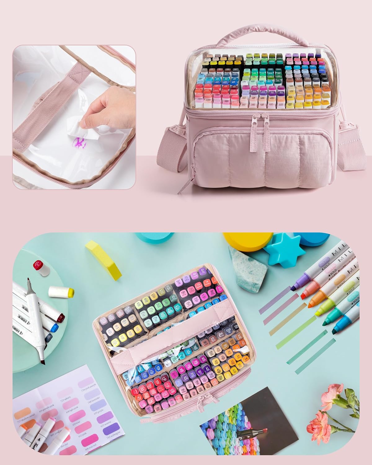 Marscamd Quilted Marker Organizer Case Holds 180 Markers, Marker Storage Organizer Bag with Dividers and Multiple Pockets (Bag Only), Pink